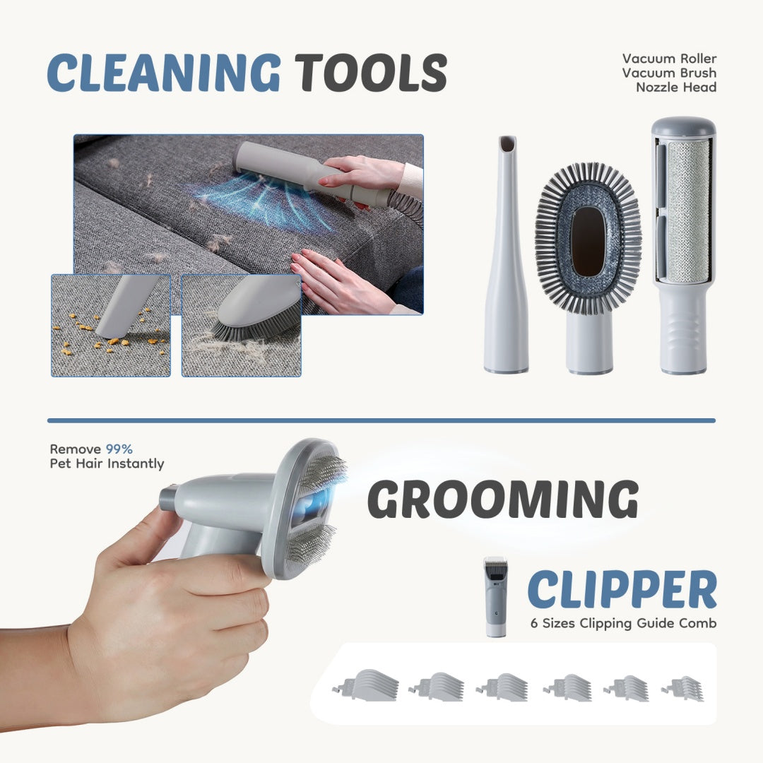 I YAN 5-in-1 pet grooming vacuum kit with 10kPa suction, 2.5L dust cup, and low noise design for dogs and cats.