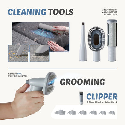 I YAN 5-in-1 pet grooming vacuum kit with 10kPa suction, 2.5L dust cup, and low noise design for dogs and cats.