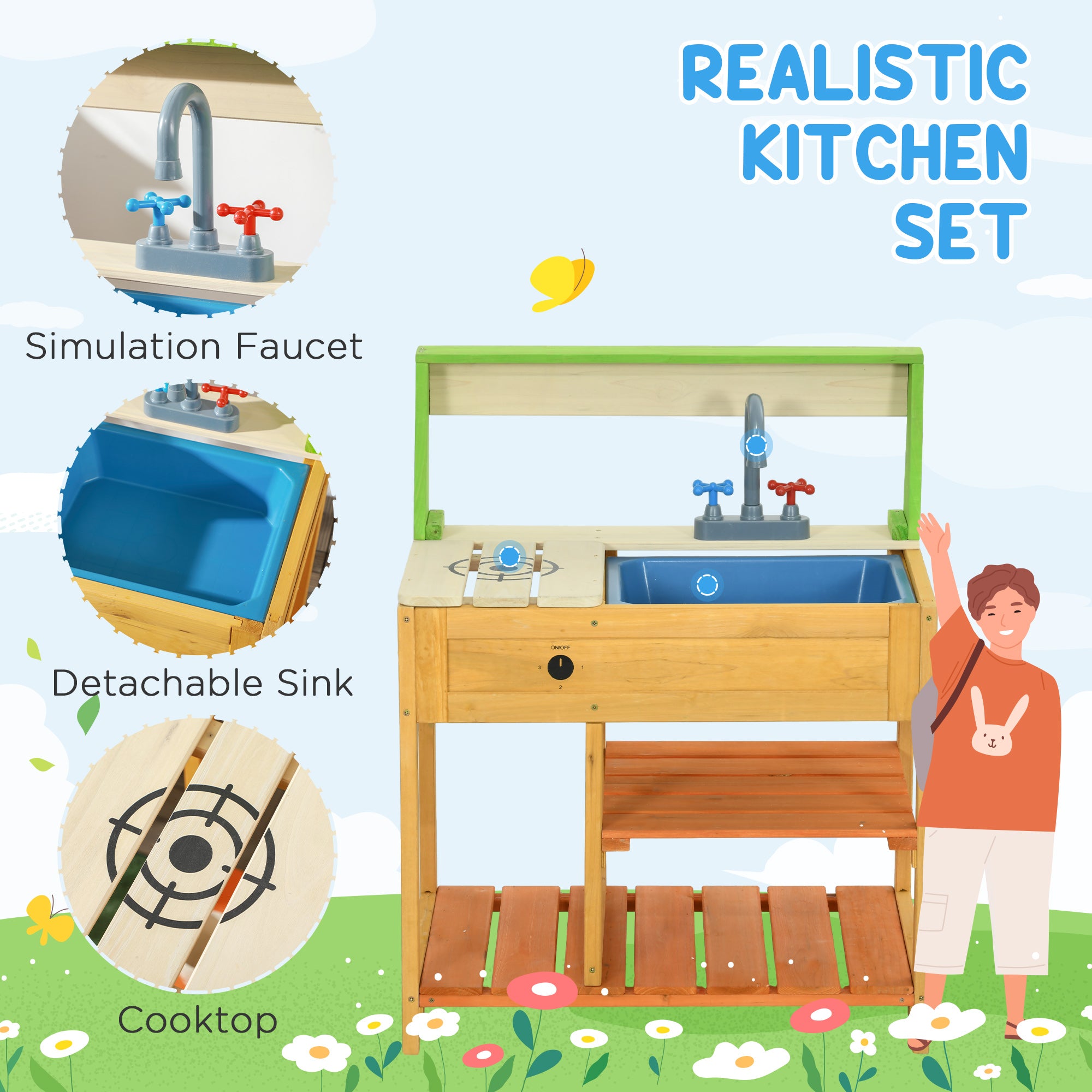 I YAN outdoor mud kitchen playset for kids with faucet sink, storage shelves, realistic kitchen toys for ages 3-8 years