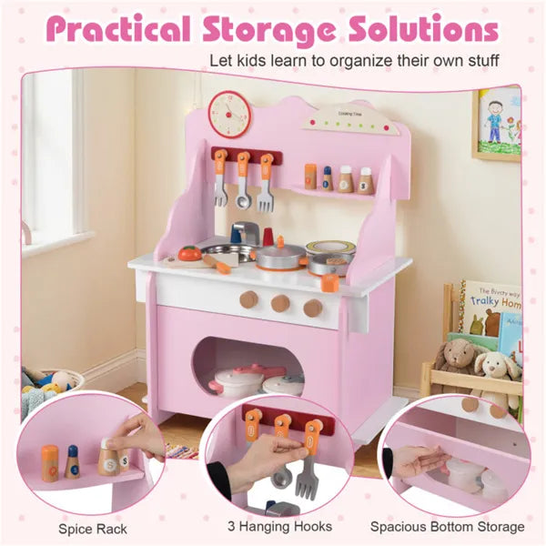 Pink wooden toddler play kitchen by I YAN with sink, accessories, and realistic features for kids 3+ to enjoy imaginative play.