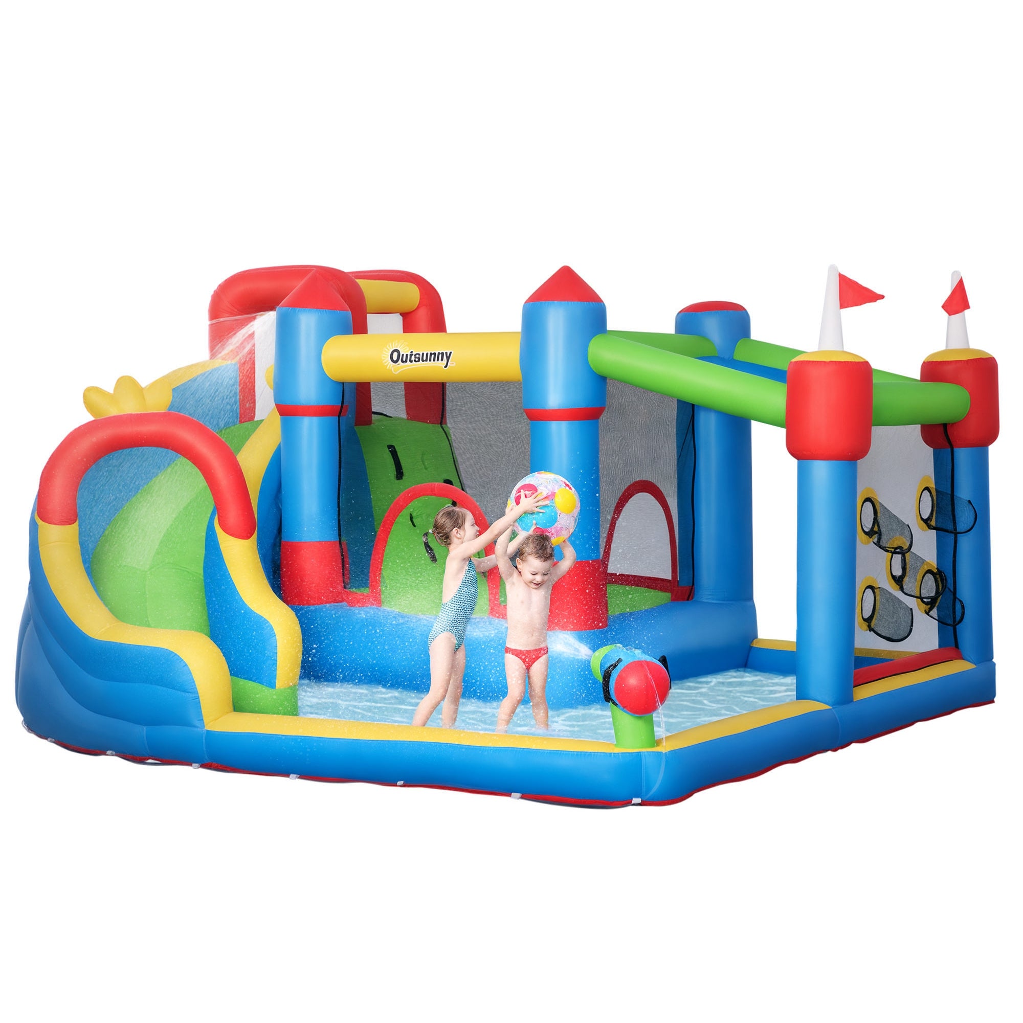 Inflatable 6-in-1 water slide by I YAN featuring a splash pool, climbing wall, water cannon, and bounce house for kids.