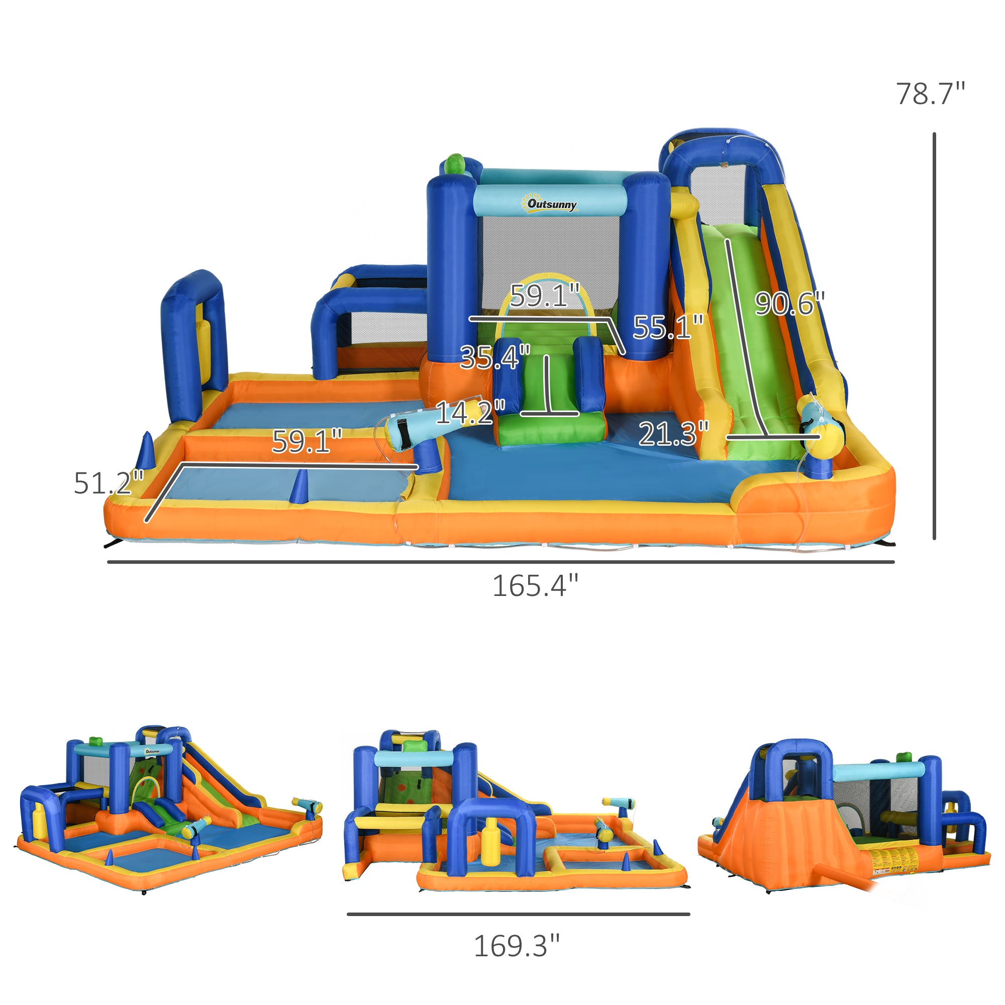 Colorful 7-in-1 water slide with pool, climbing wall, water cannon, basketball hoop, boxing post, and football stand for kids.