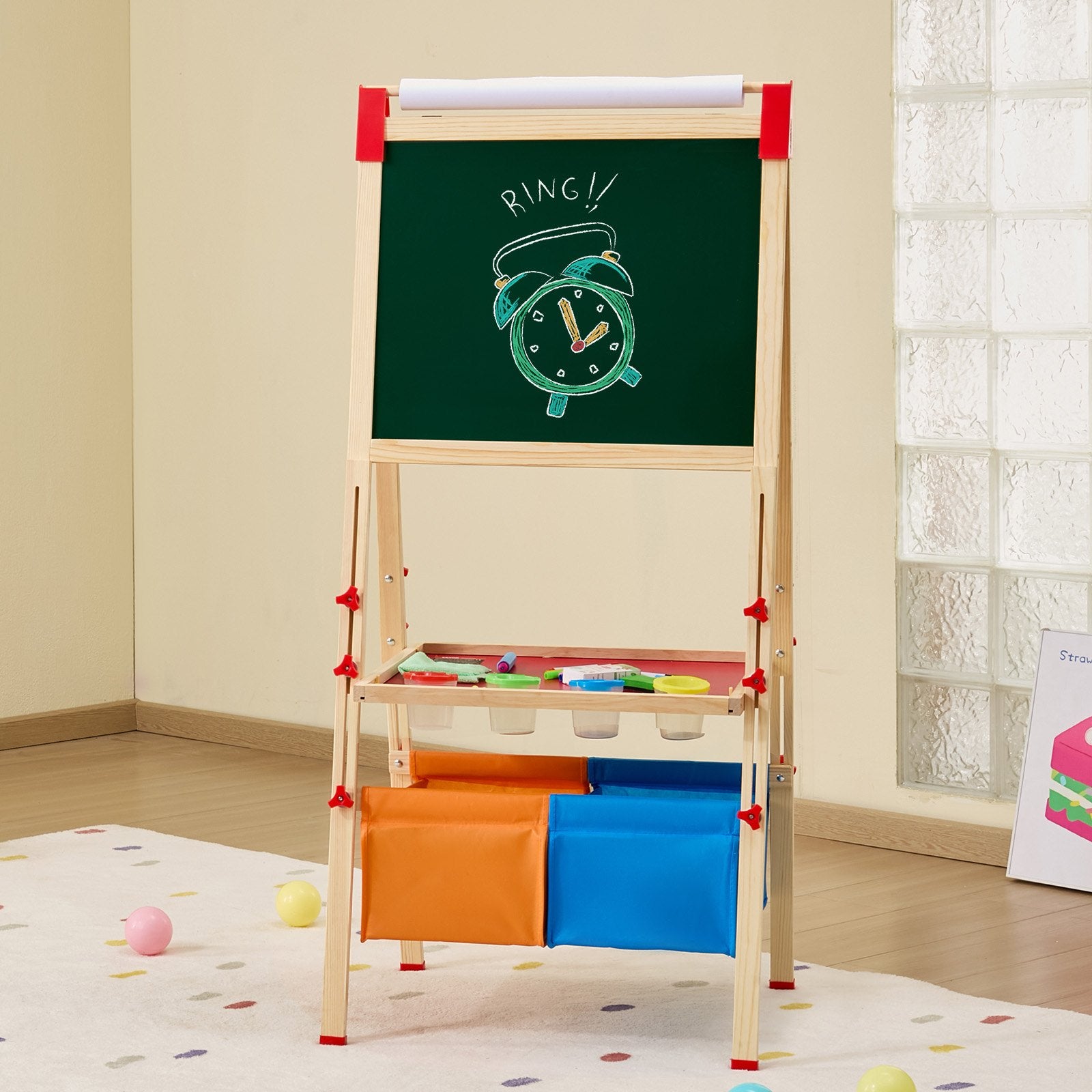 I YAN 3-in-1 kids art easel with double-sided wooden magnetic whiteboard and chalkboard for creative play and learning.