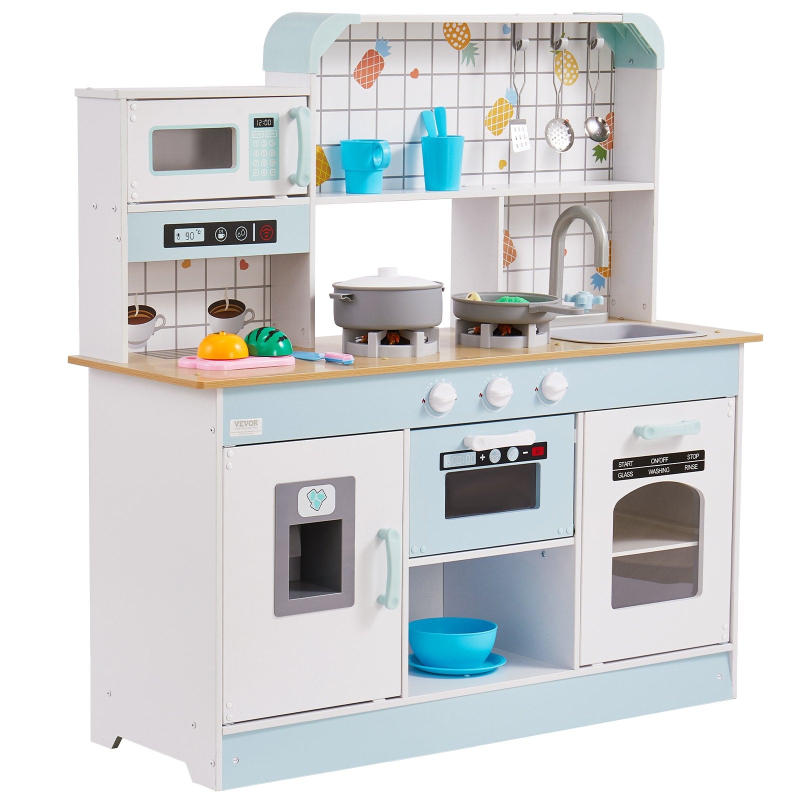 I YAN Christmas kitchen playset for kids with 24 pretend cooking accessories, including white pots, pans, and utensils.