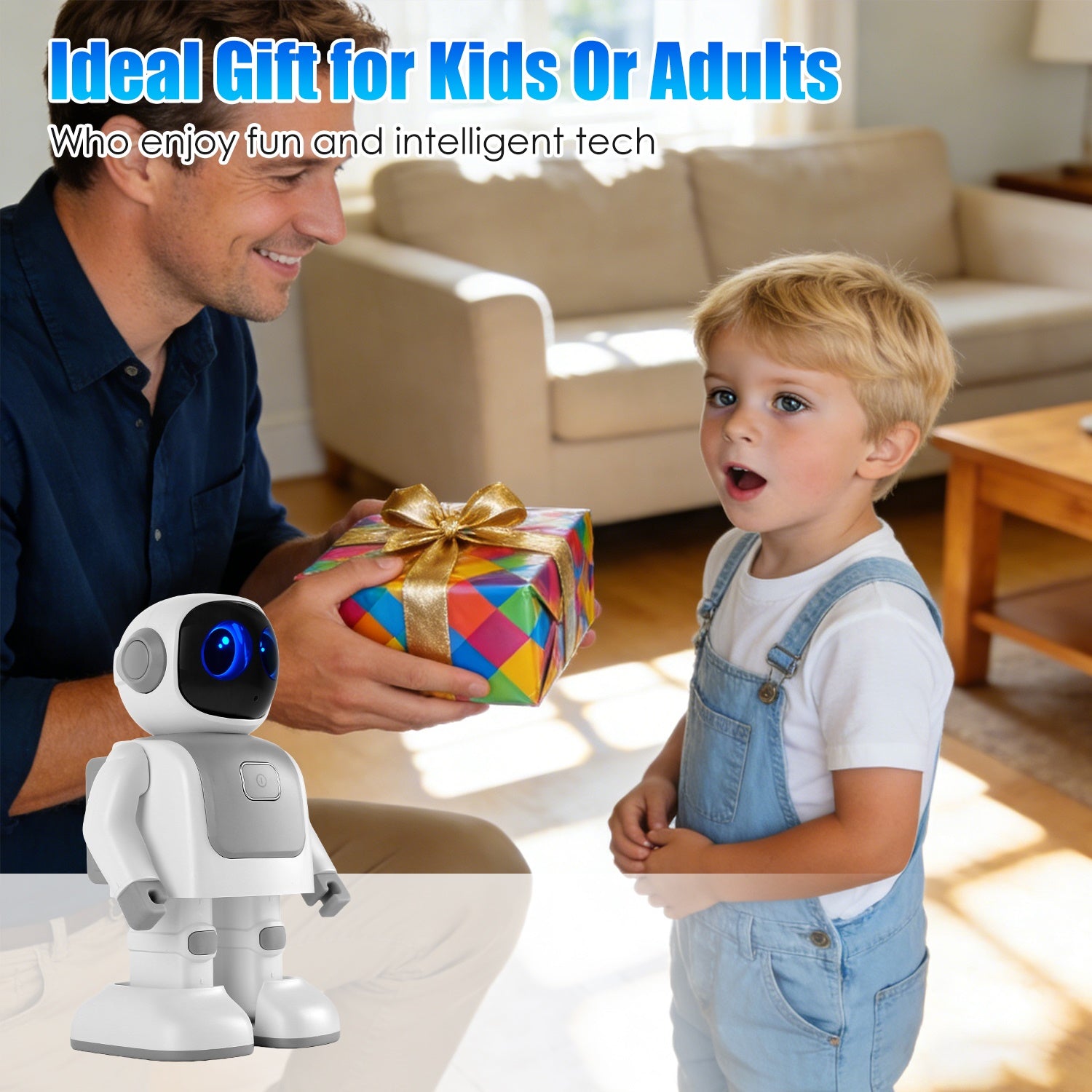 I YAN AI dancing robot toy with Bluetooth music, voice assistant, and vibrant LED lights, performing dance moves.