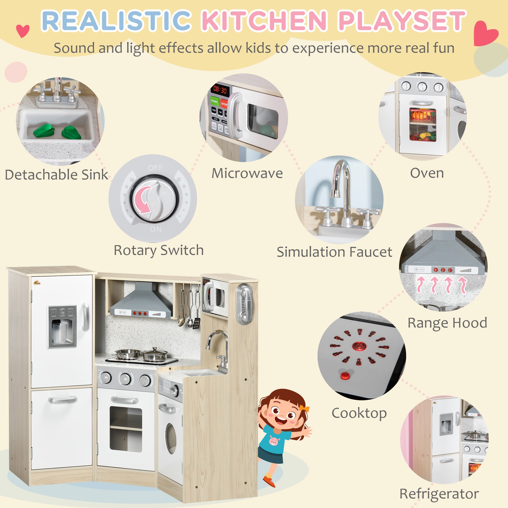 I YAN Ultra-Big Corner Kids Kitchen Playset with sound effects, wooden stove, stainless steel toys, phone, and ice maker for ages 3-6.
