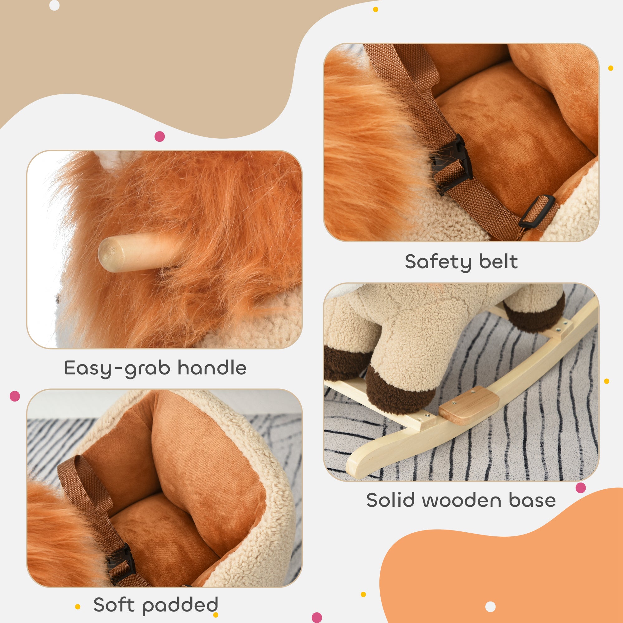 I YAN plush baby rocking horse lion with sound, wooden toddler rocker for ages 18-36 months, featuring a soft plush lion design.