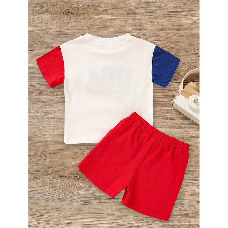 Infant baby boy 4th of July outfit set by I YAN with USA letter print T-shirt and color block shorts for Independence Day celebration