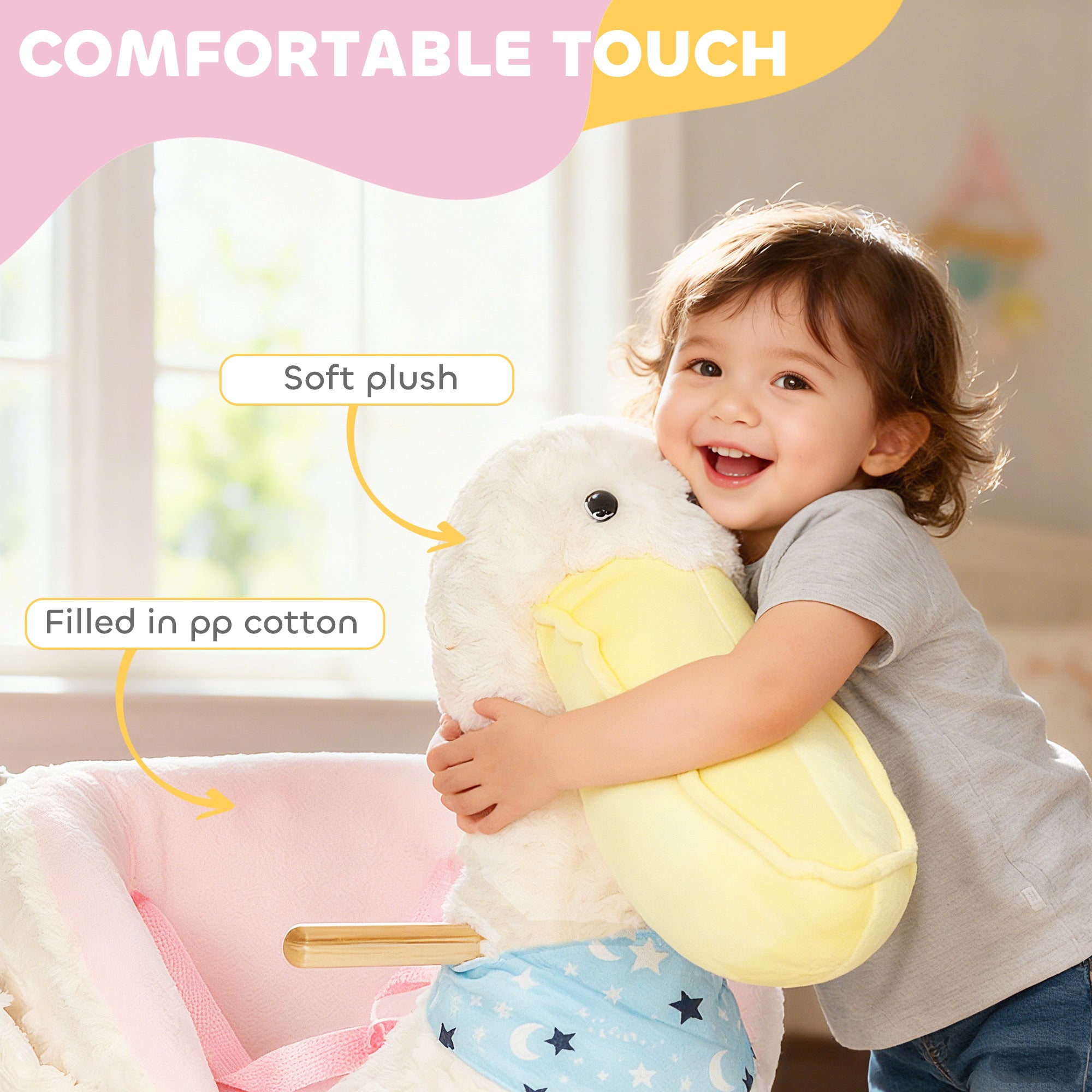 White baby rocking horse by I YAN, toddler ride-on pelican with realistic duck sound for ages 18-36 months.