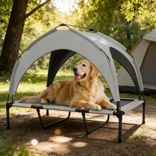 Elevated I YAN dog bed with canopy for large outdoor dogs, featuring a raised outdoor pet cot with protective canopy.