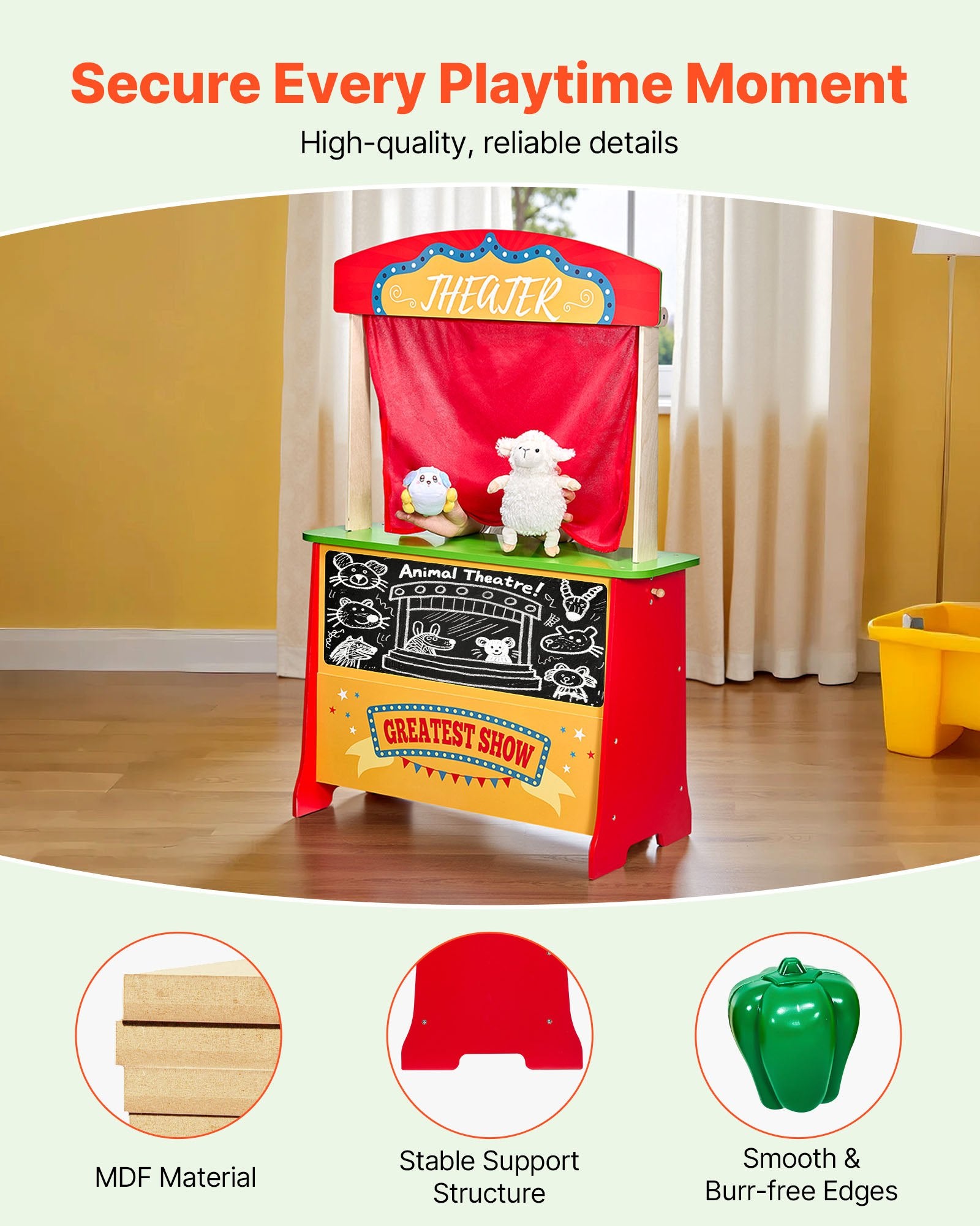 Wooden puppet theater and play store stand by I YAN, reversible 2-in-1 kids play market and puppet stage in natural wood finish.