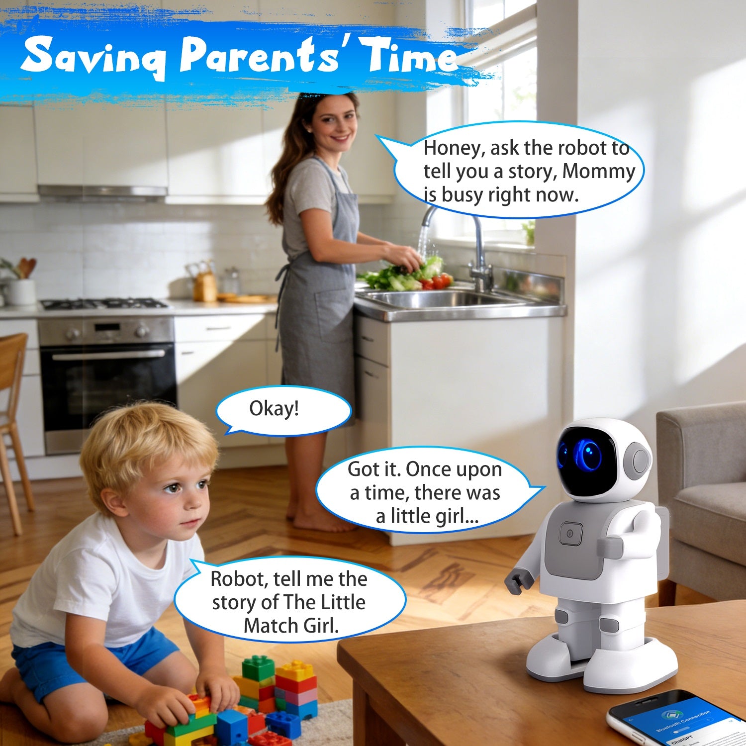 I YAN AI dancing robot toy with Bluetooth music playback and voice assistant features, showing a colorful robot figure in motion.