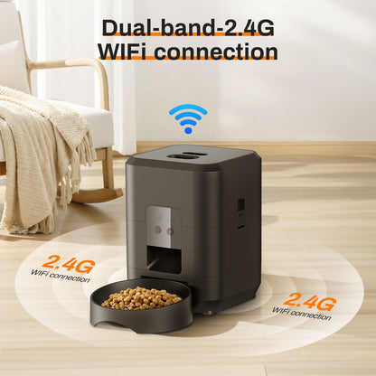 I YAN smart auto pet feeder with LCD timer, WiFi, camera, and button controls for cats and dogs, showing food dispensing and camera view.