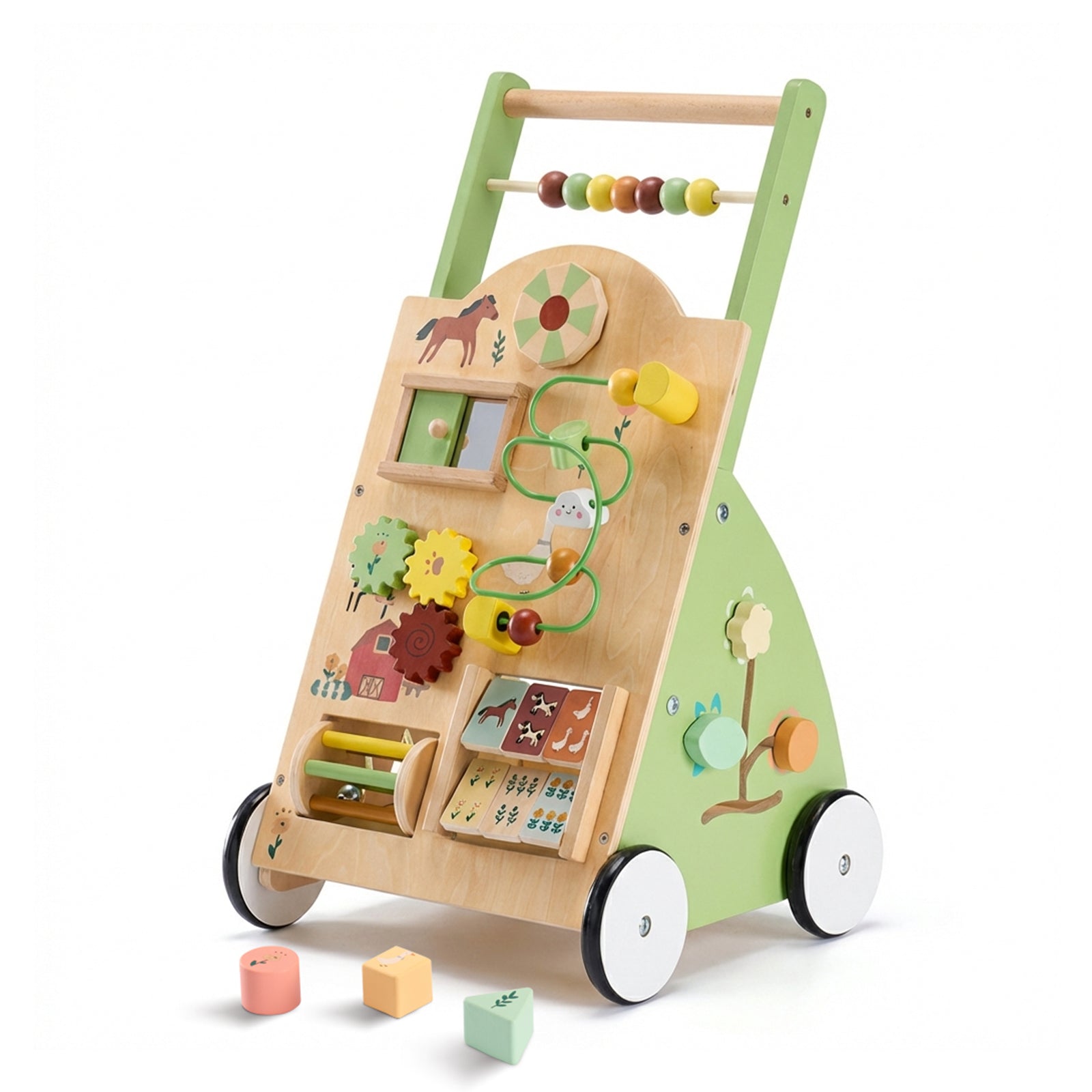 Wooden baby walker by I YAN with adjustable speed, Montessori activity center, silent wheels, and push-style design for early walking support.
