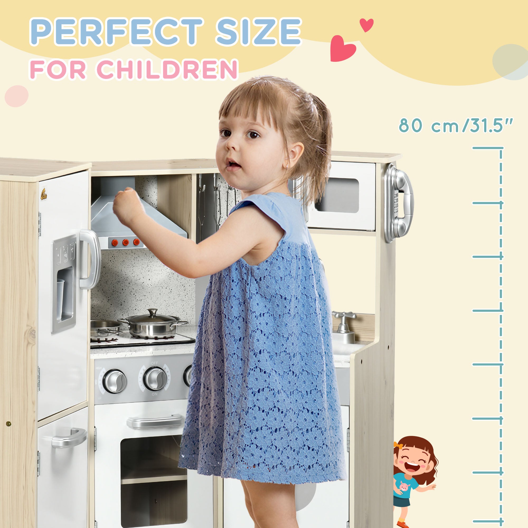 I YAN Ultra-Big Corner Kids Kitchen Playset with wooden stove, stainless steel cookware, phone, ice maker, and sound effects for ages 3-6.