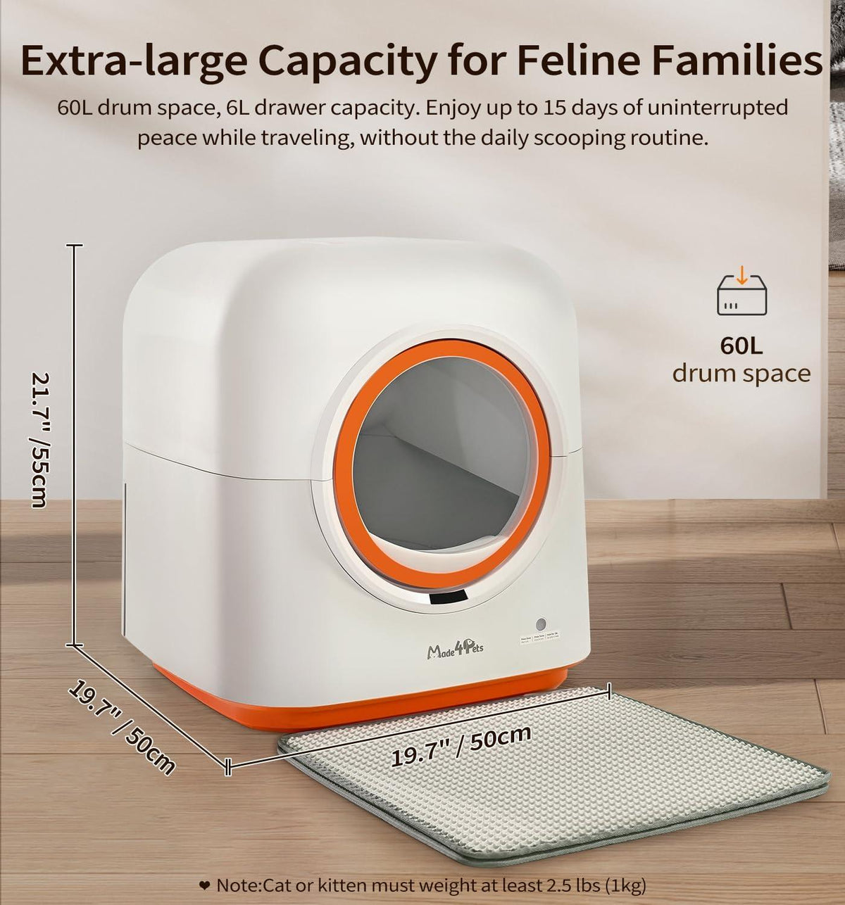 I YAN 60L self-cleaning cat litter box with smart app control, auto odor removal, and multi-cat tracking in a modern design
