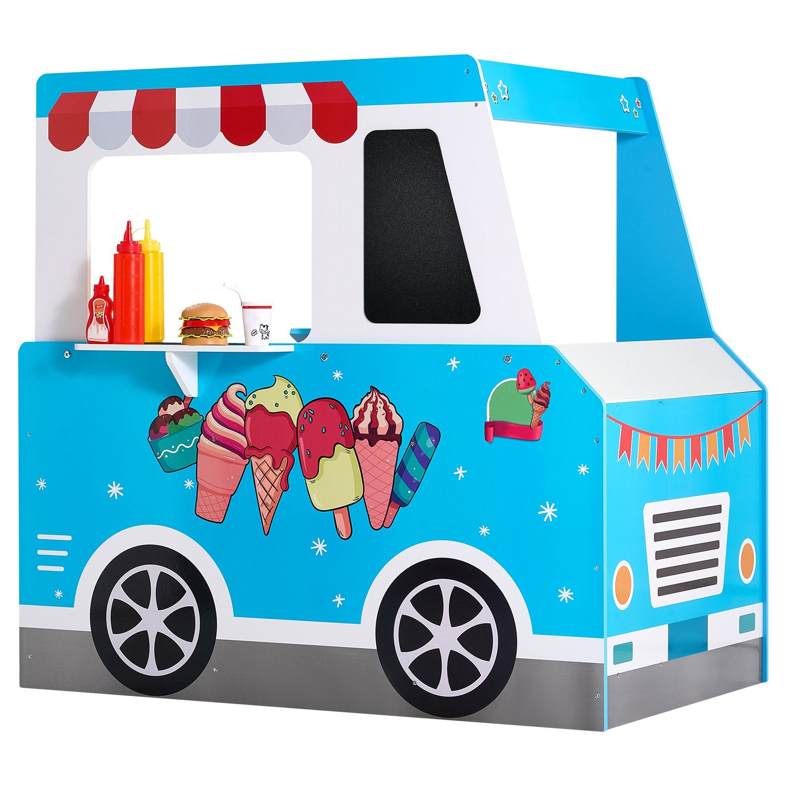 Wooden ice cream truck playset by I YAN, designed for kids aged 3-7, featuring colorful pretend play stand with playful details.