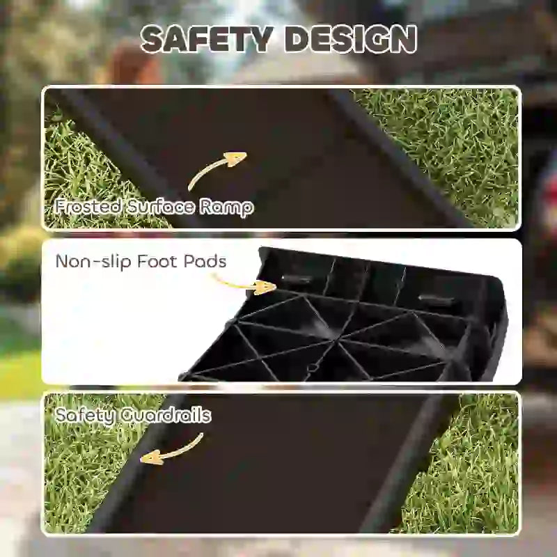 I YAN foldable dog car ramp with gentle slope, 61 inches long, designed for SUVs and high beds, showing the ramp extended and in use