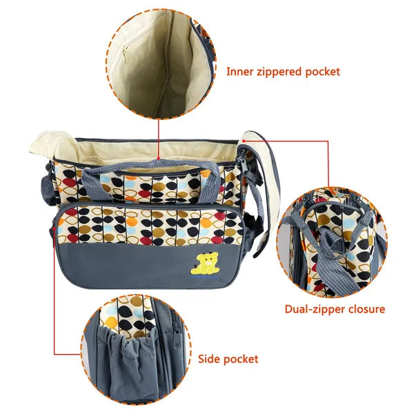 Set of five I YAN baby diaper nappy bags with shoulder straps, changing pad, insulated pockets, and travel tote features.