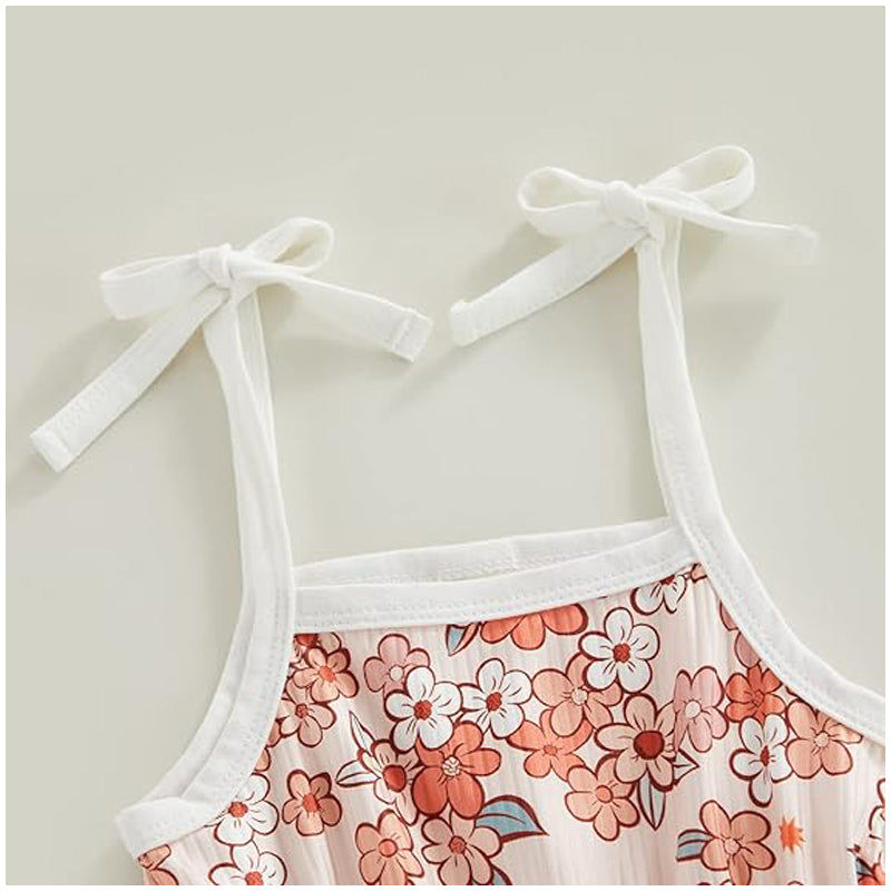 Toddler floral jumpsuit with tie-up suspenders and matching shorts, featuring colorful flower patterns by I YAN.