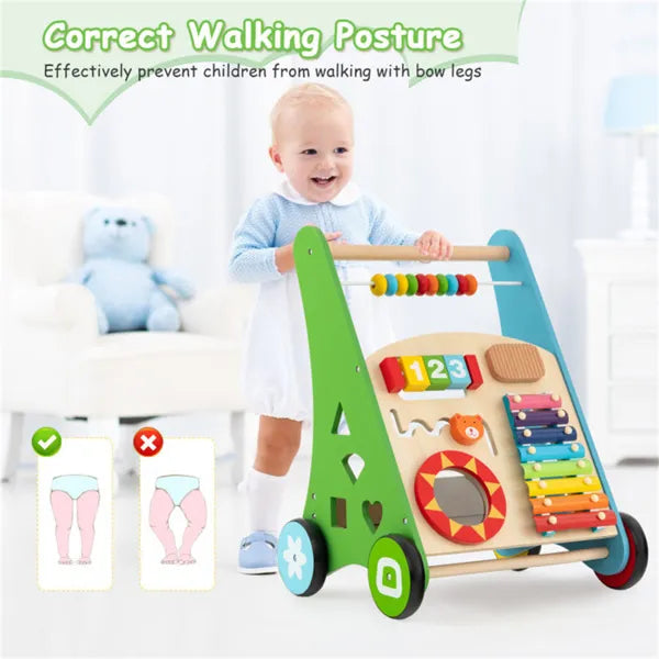 Wooden baby walker with built-in xylophone, shape sorter, and mirror for children 3+ years, by I YAN.