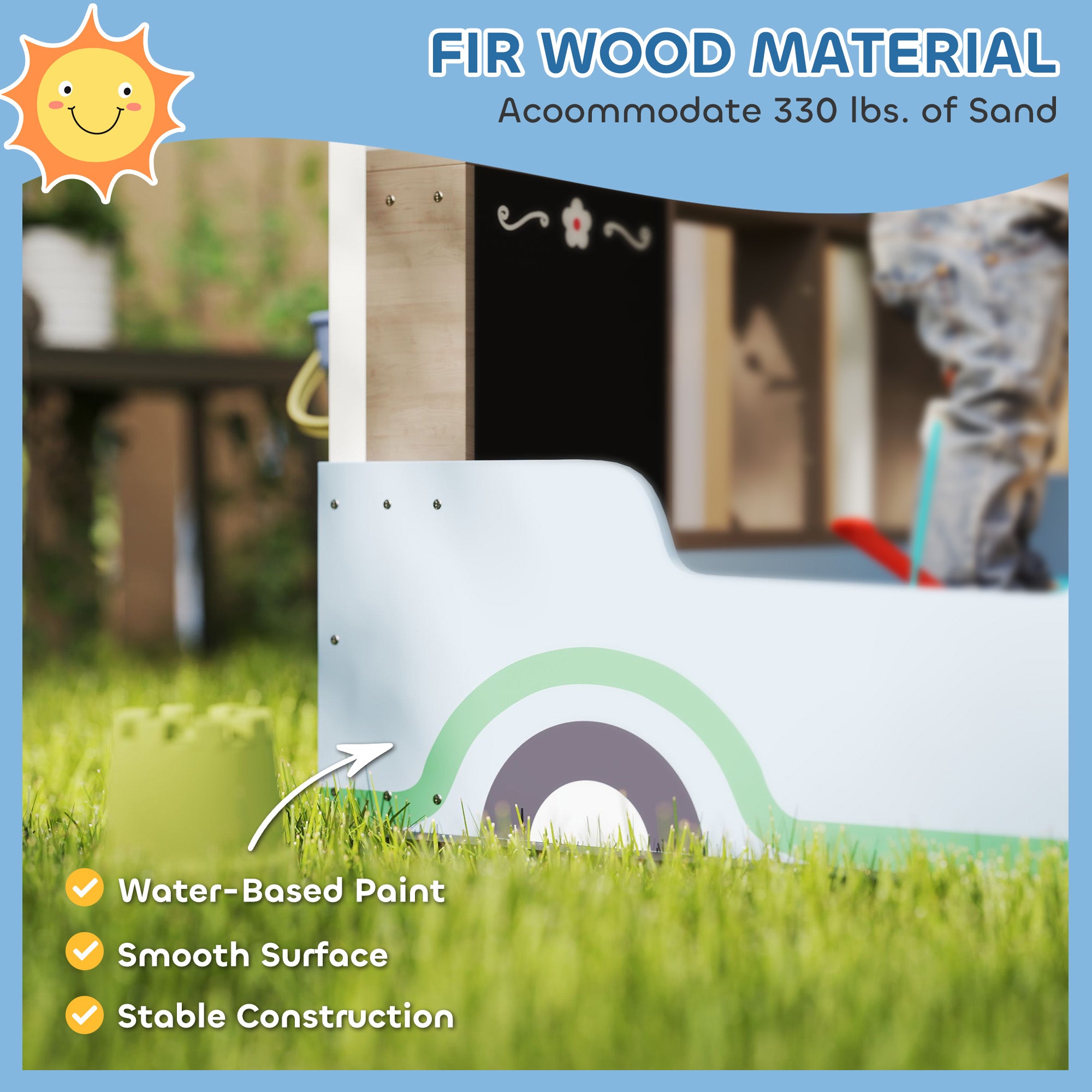 Kids wooden sandbox with canopy, bench seats, planting boxes, drawing board, and bottom liner in blue for backyard or garden use.