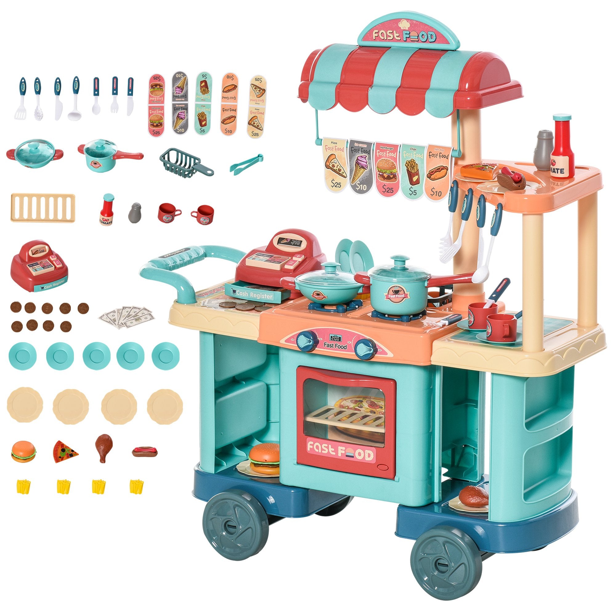 Kids kitchen food stand by I YAN with play food, cashier register, and accessories for children ages 3-6 in a colorful play setup.