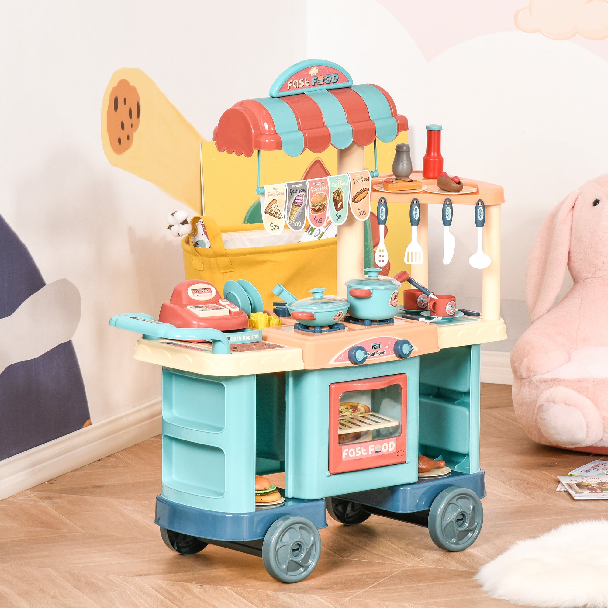 Kids I YAN kitchen food stand with colorful play food, cashier register, and accessories for children ages 3 to 6.