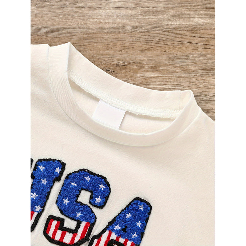 Infant baby boy 4th of July outfit set by I YAN featuring USA letter print color block T-shirt and matching shorts.
