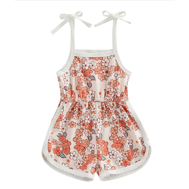Toddler girl floral jumpsuit by I YAN featuring tie-up suspenders and matching shorts, with colorful floral print and adjustable straps.