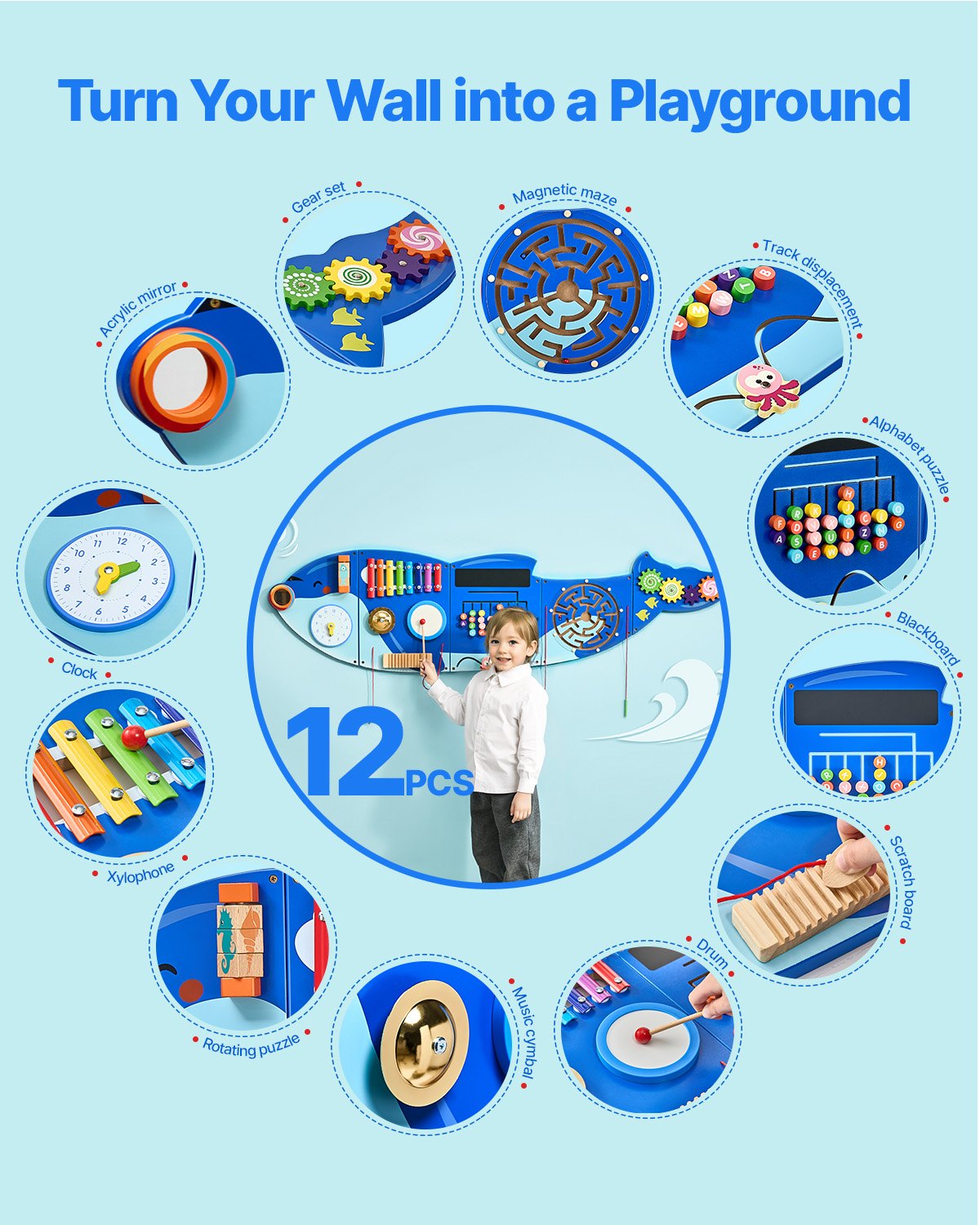 I YAN Orca Activity Wall Busy Board with 12 sensory activities, featuring colorful panels and interactive elements for children.