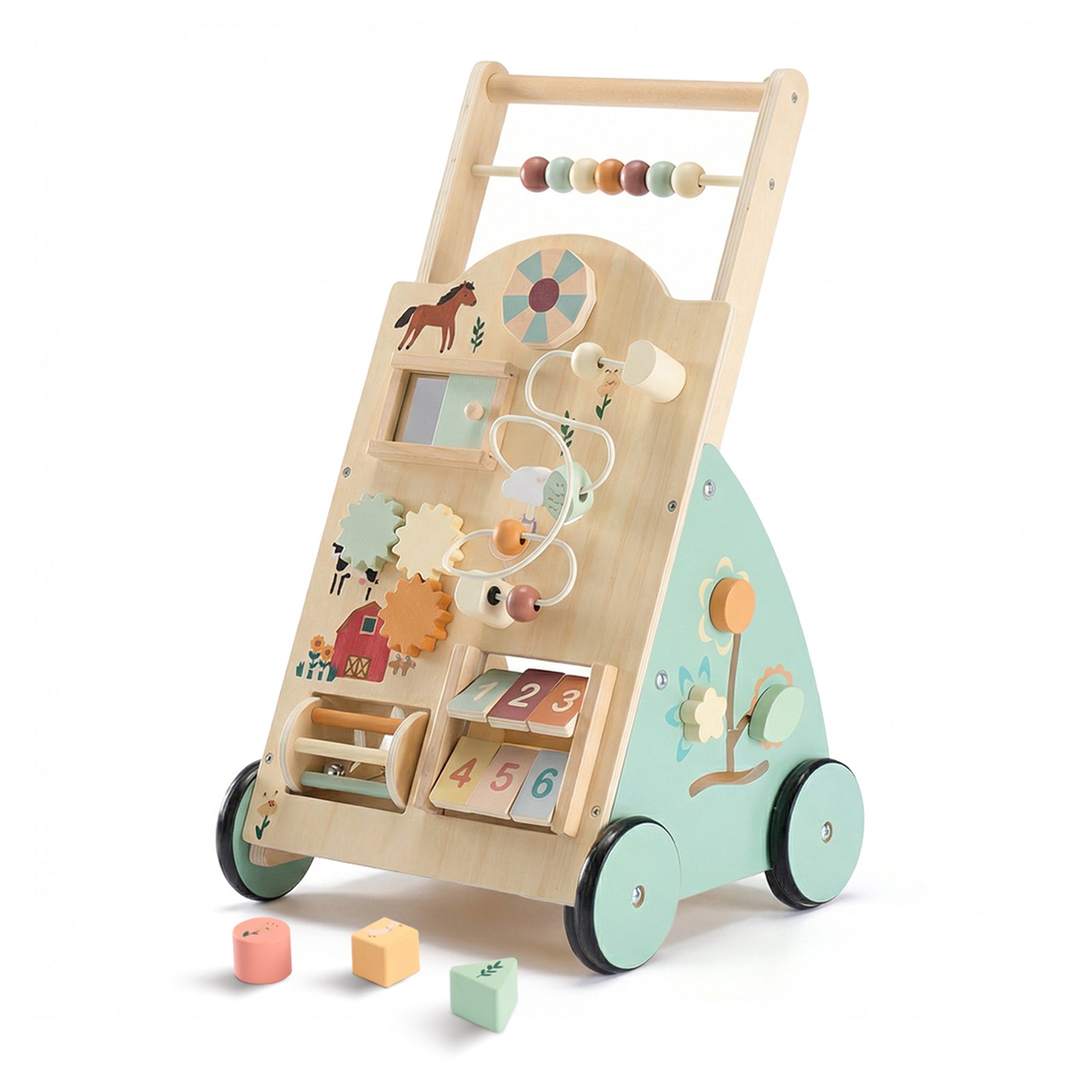 Wooden baby walker by I YAN with adjustable speed, silent wheels, Montessori activity center, ideal for early walking development.
