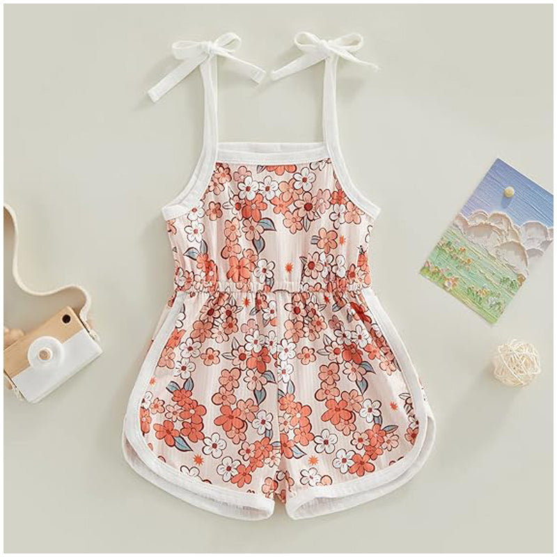 Toddler floral jumpsuit with tie-up suspenders and shorts by I YAN, featuring a colorful floral pattern and adjustable straps.