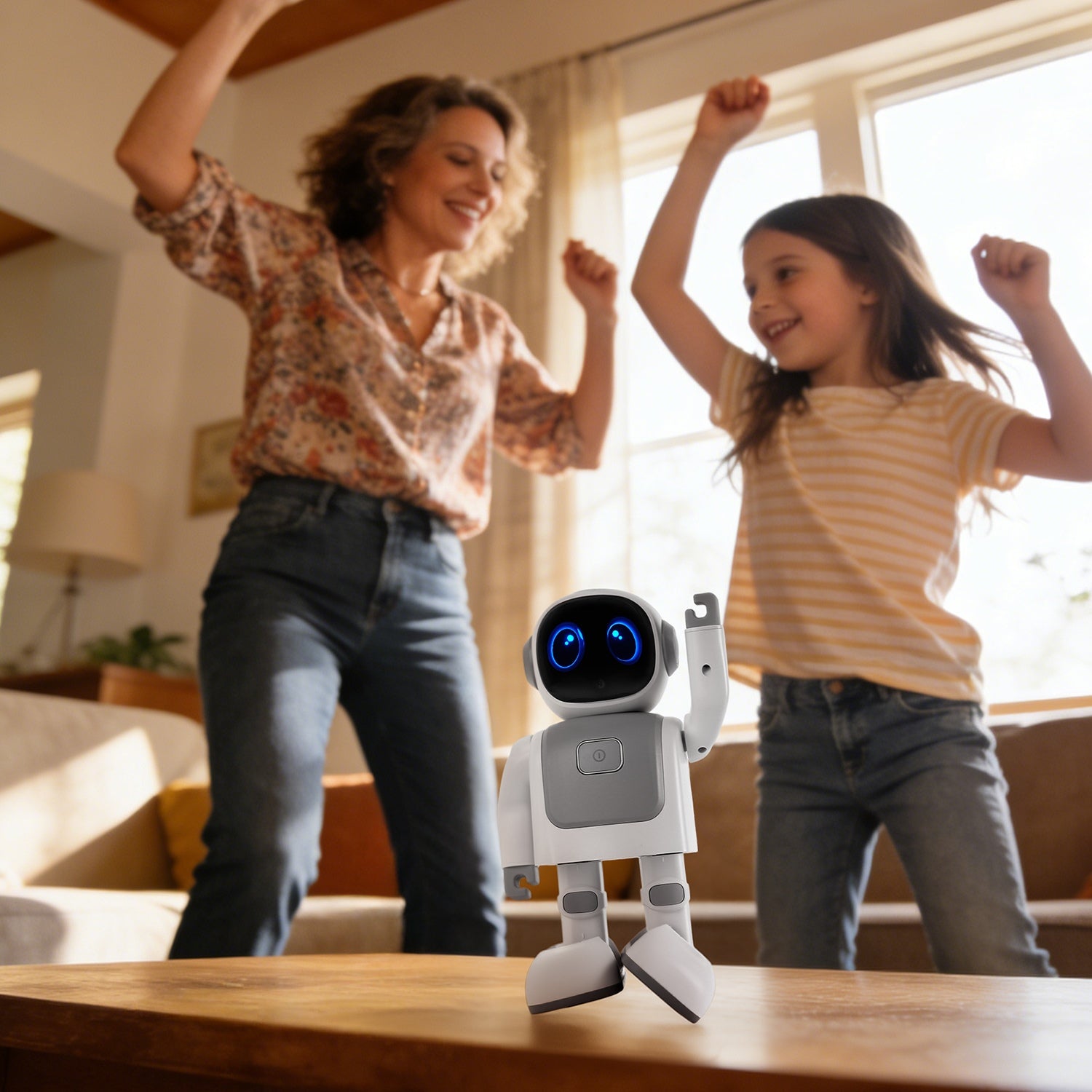 I YAN AI dancing robot toy with Bluetooth music and voice assistant, showing a sleek robot figure with colorful LED lights.