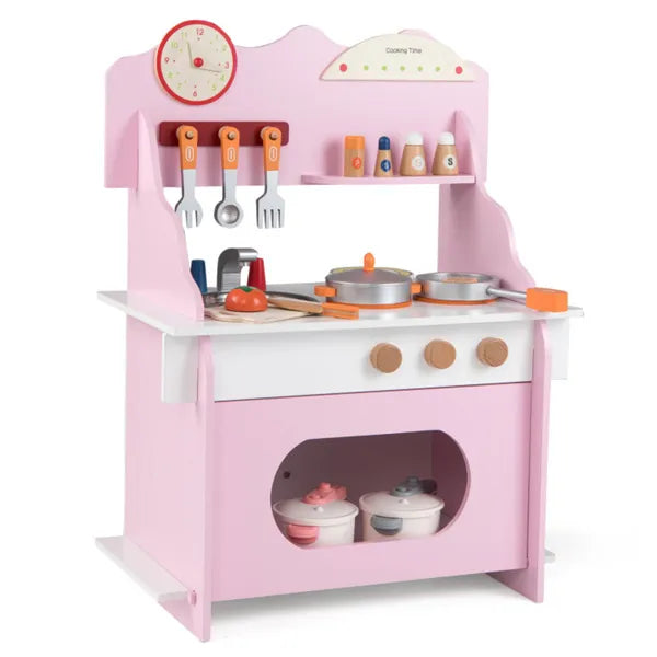 Pink wooden toddler play kitchen by I YAN with sink, accessories, and realistic features for kids age 3 and up.