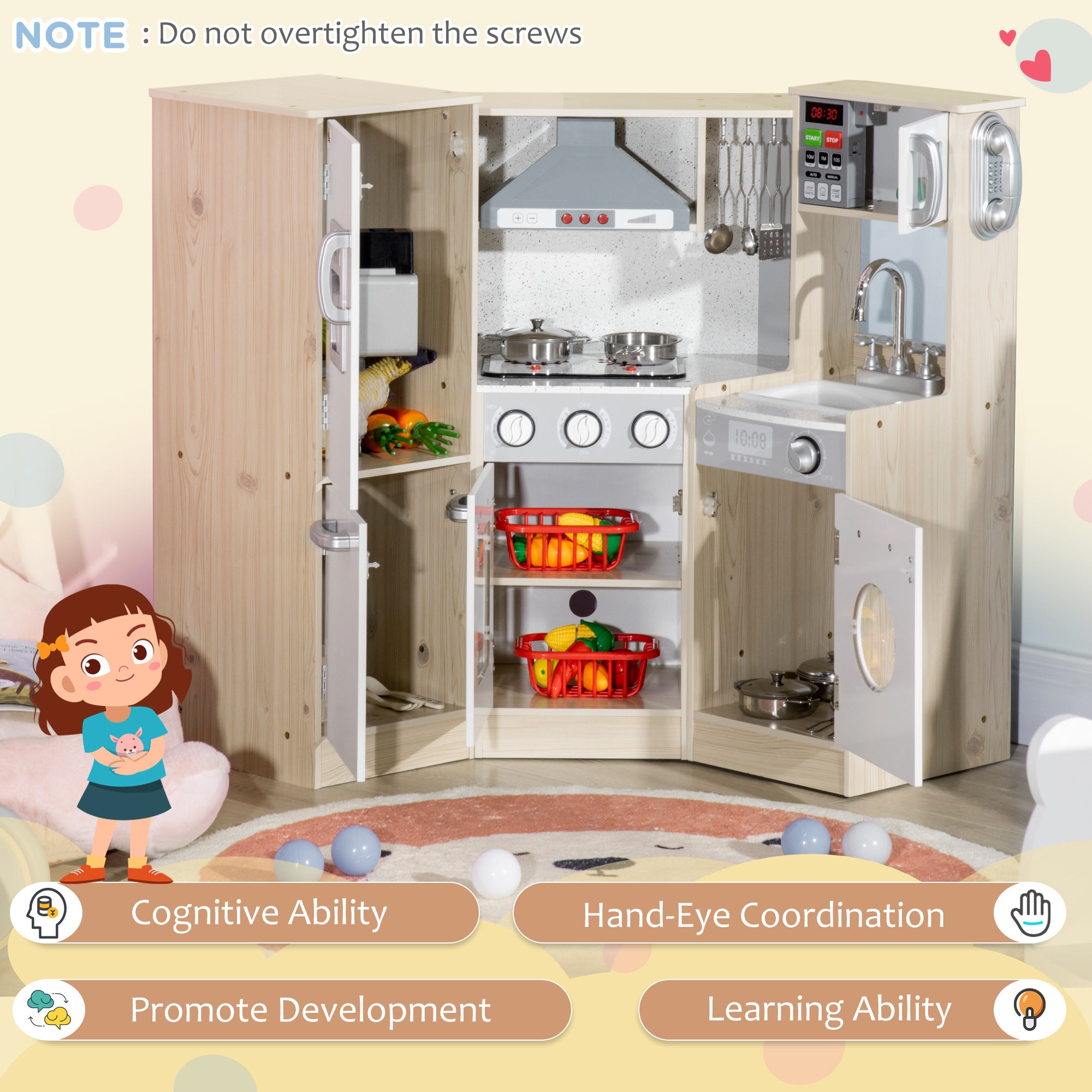 I YAN Ultra-Big Corner Kids Kitchen Playset with stainless steel stove, phone, ice maker, and sound effects for imaginative pretend play.