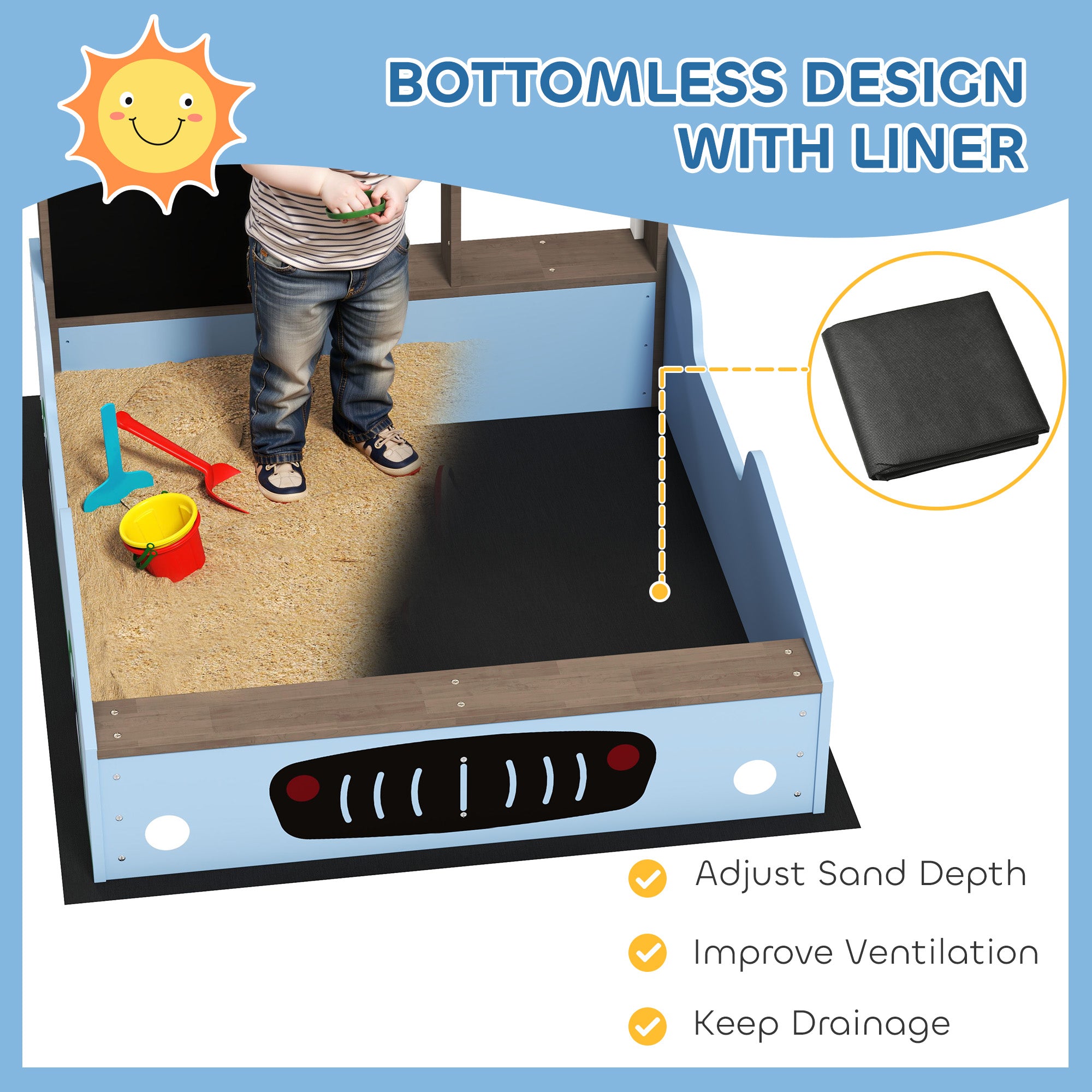 Blue kids wooden sandbox with canopy, bench seats, bottom liner, drawing board, and planting boxes for backyard play.