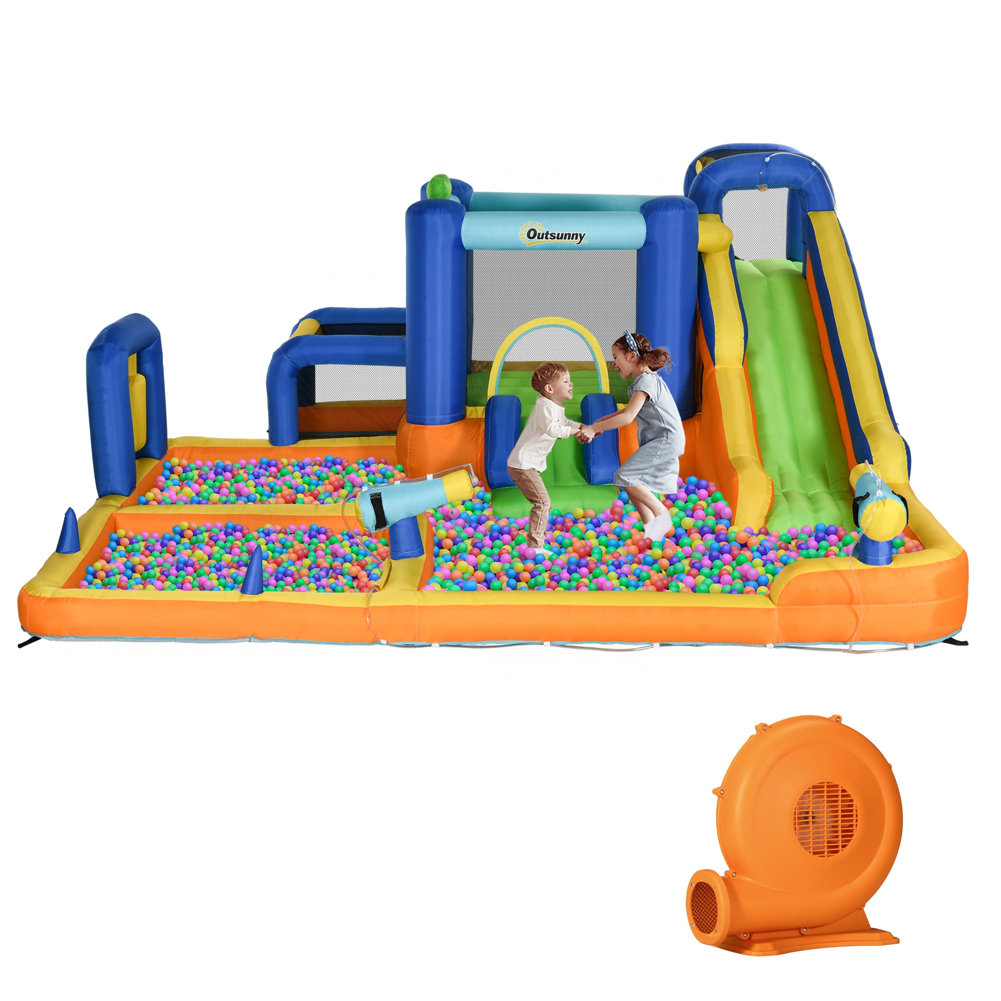 Colorful 7-in-1 water slide with pool, climbing wall, water cannon, basketball hoop, boxing post, and football stand for kids.