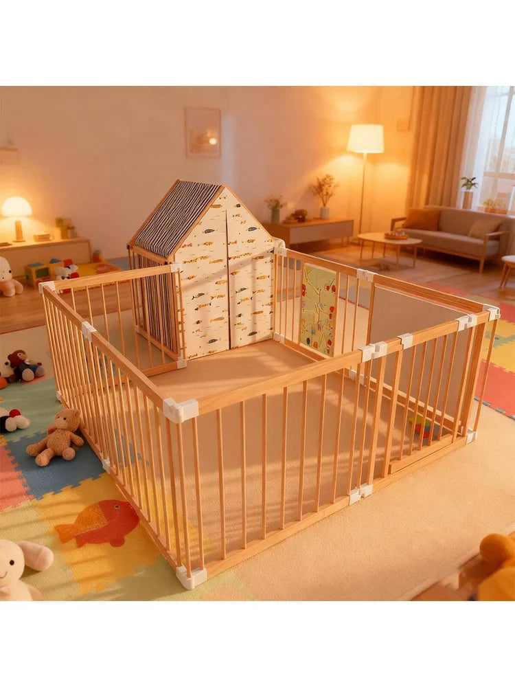 Natural wood baby playpen by I YAN with 10 foldable panels, door, built-in toys, and versatile shape options for safe play area.
