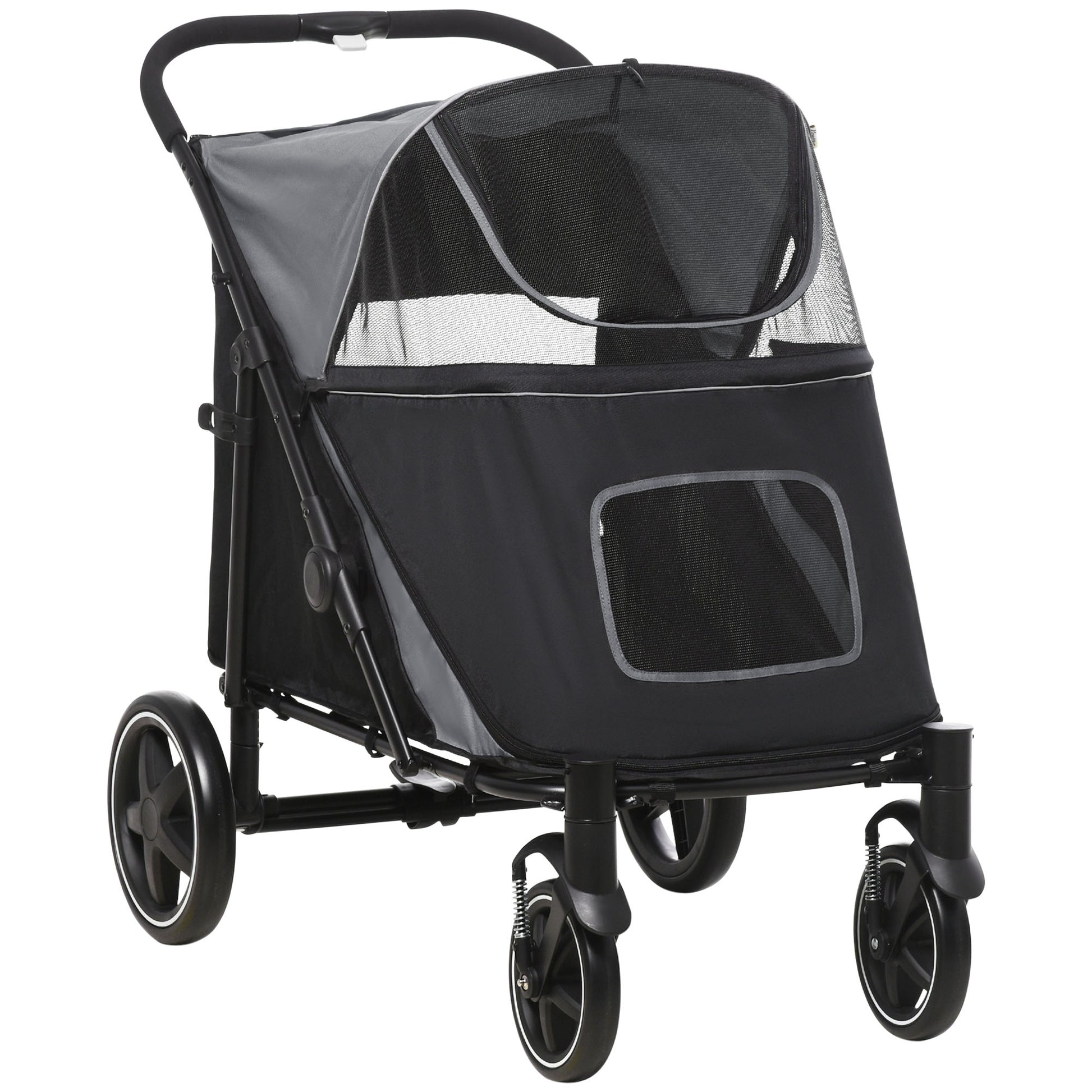 Large I YAN dog stroller for up to 66 lbs with mesh window, shock absorption wheels, and one-click fold for easy transport.