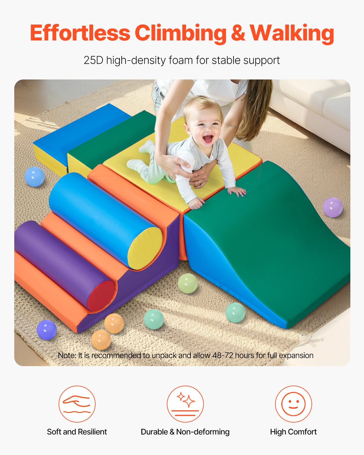 Colorful foam climbing blocks set for toddlers and preschoolers, featuring seven I YAN climbing toys in vibrant shapes and sizes.