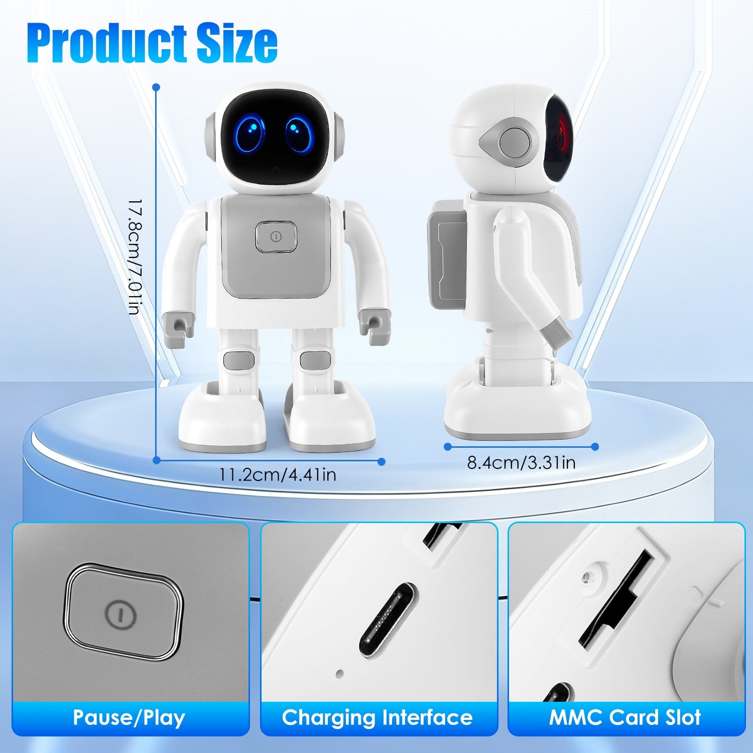 I YAN AI dancing robot toy with Bluetooth music and voice assistant, showcasing its humanoid design and colorful LED lights.
