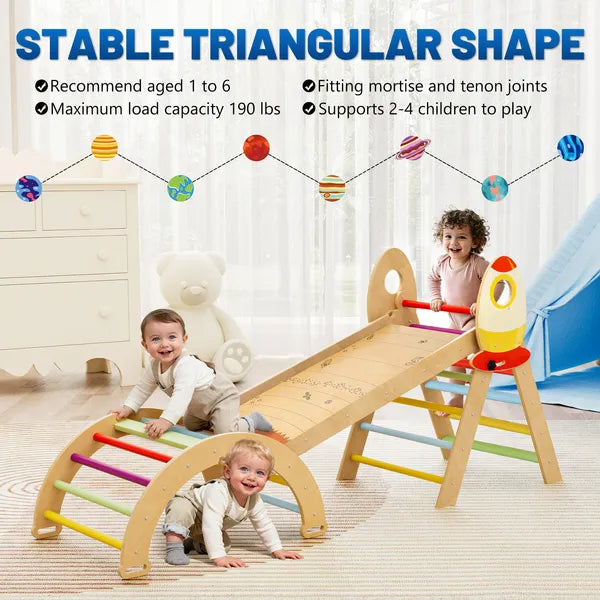 I YAN 7-in-1 foldable wooden baby climbing set with triangle, arch, pinball game, seesaw, and Montessori-style play features.