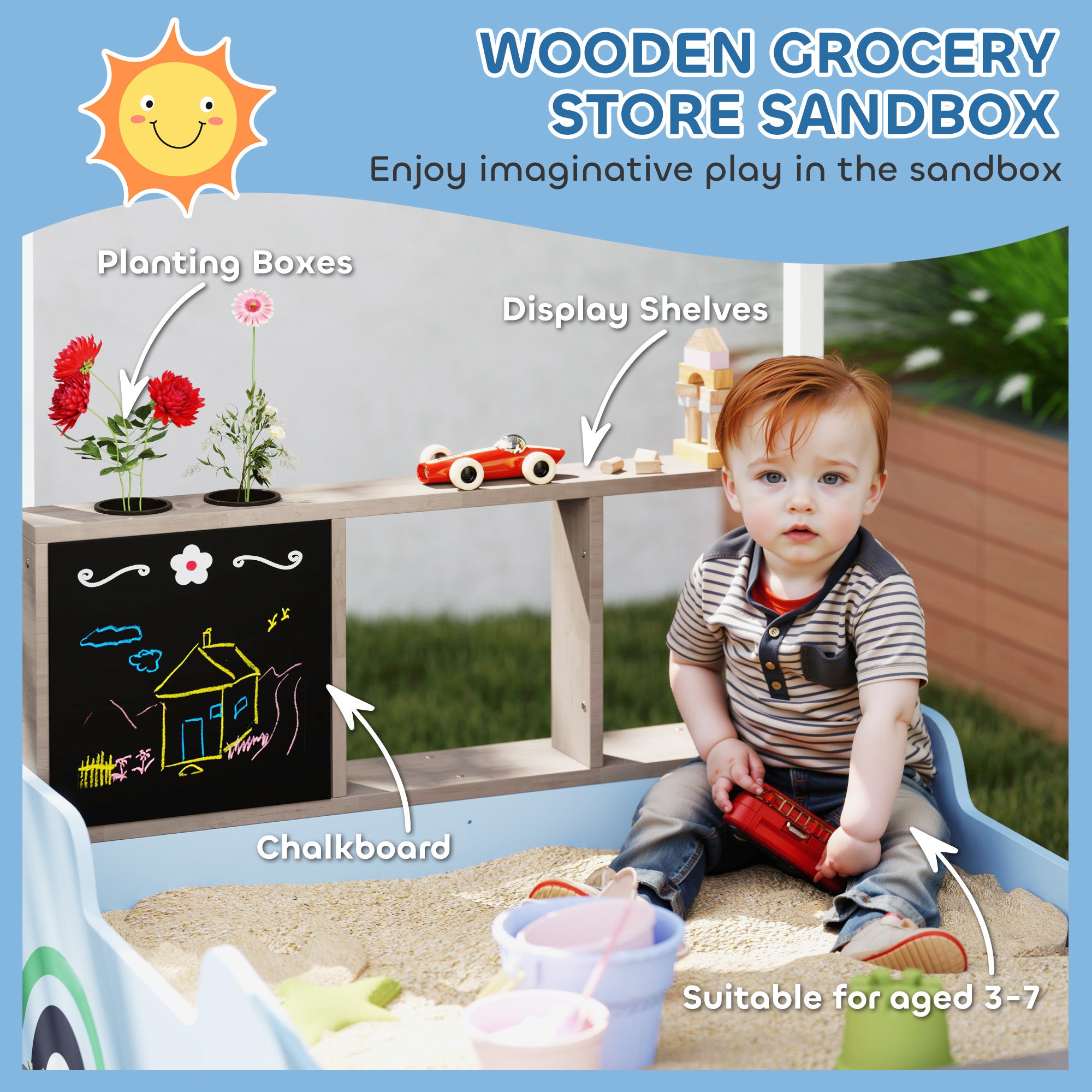 Kids wooden sandbox with canopy, bench seats, bottom liner, drawing board, and planting boxes in blue for backyard play.