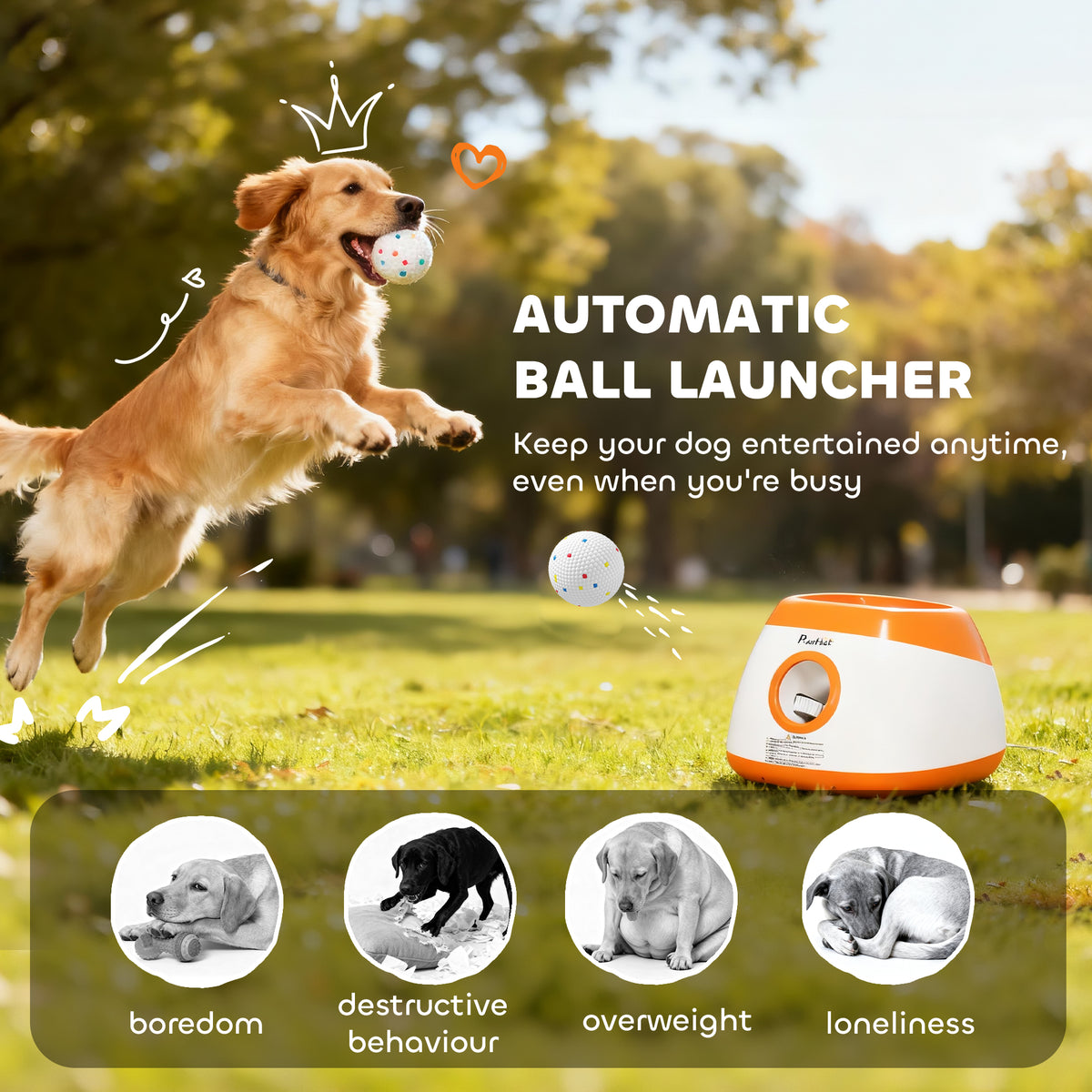 Automatic I YAN dog ball launcher with a sleek design, showing the device and a ball ready to be launched for medium and large dogs.