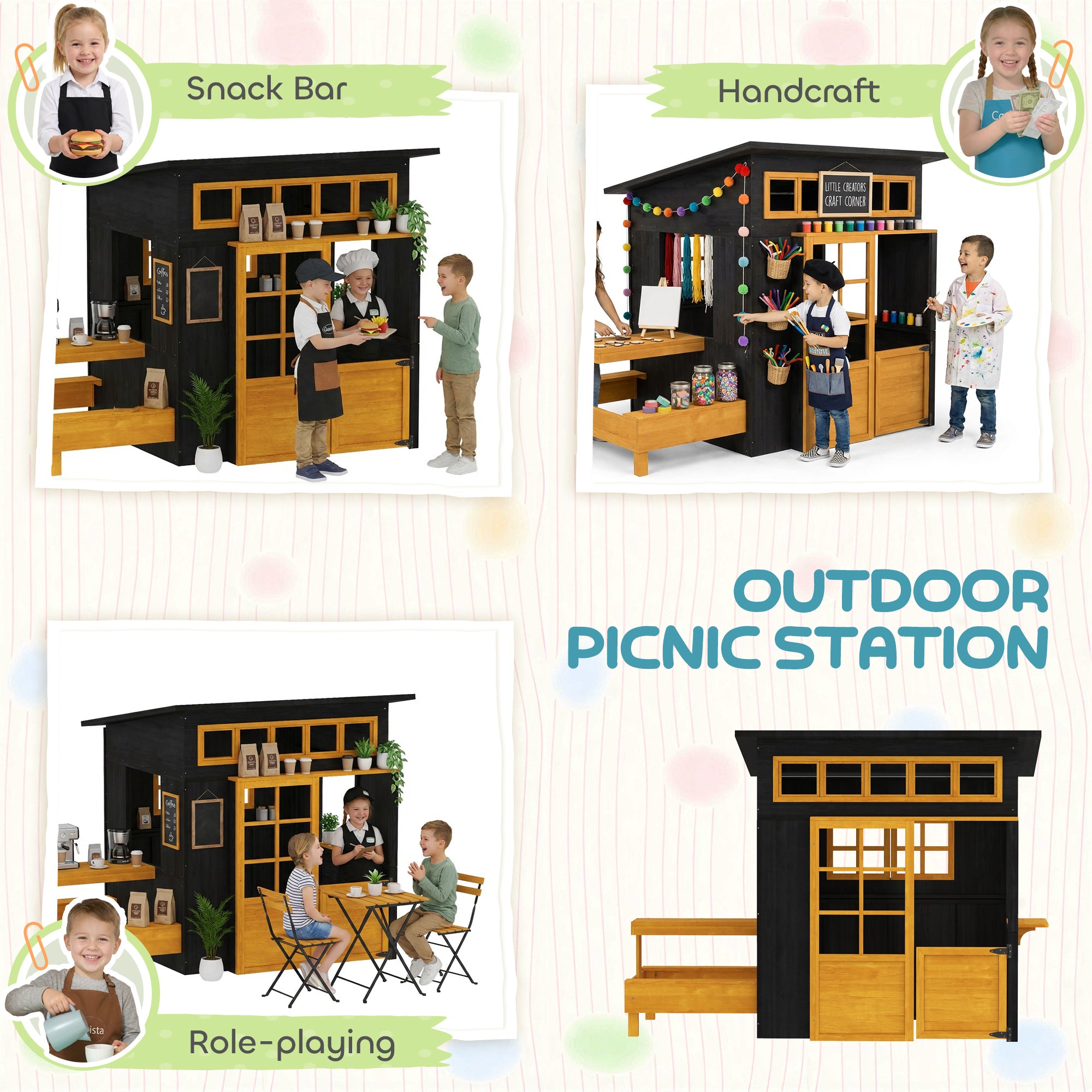 Wooden kids outdoor playhouse with picnic table, benches, chalkboards, windows, and half door, designed for children ages 3-8.