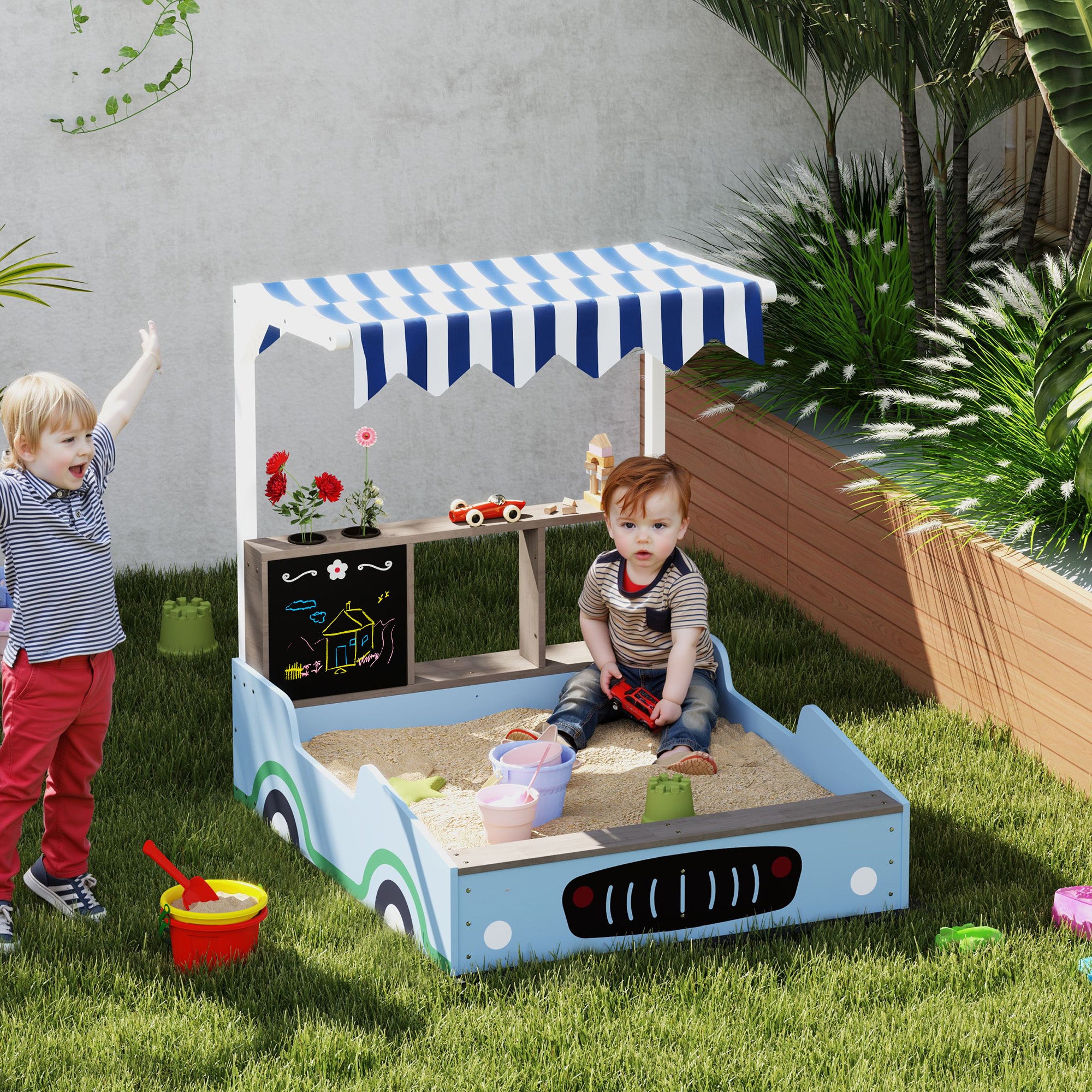 Colorful kids wooden sandbox with canopy, bench seats, drawing board, planting boxes, and bottom liner for backyard play, blue.
