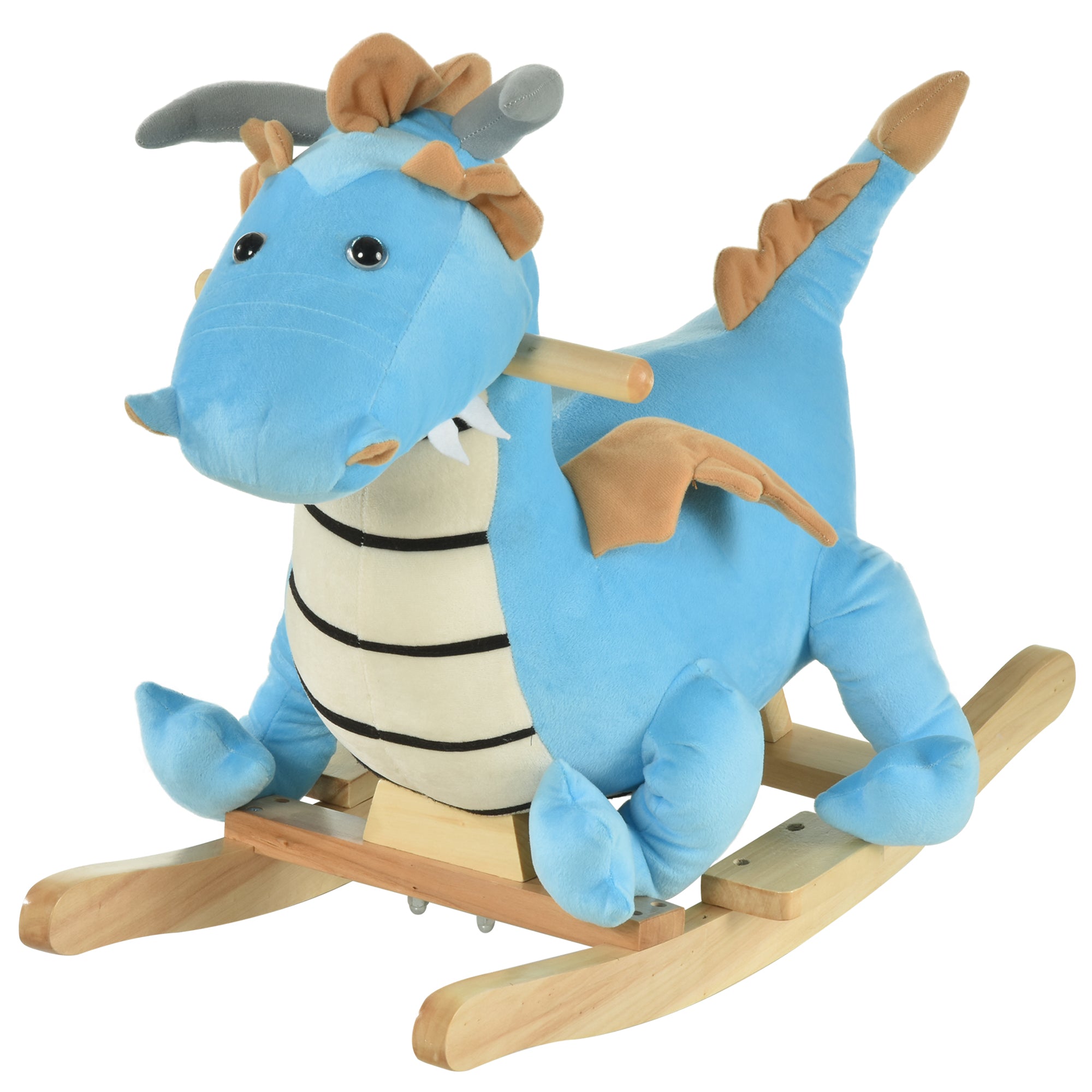 Blue wooden dinosaur rocking horse for children, realistic sounds, suitable for ages 18-36 months, I YAN brand prehistoric ride-on toy.
