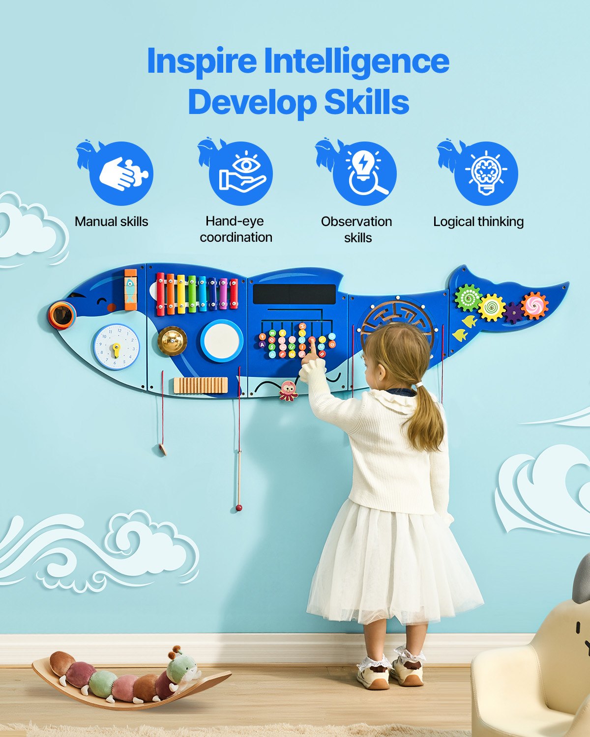 I YAN Orca Activity Wall Busy Board with 12 sensory activities, featuring colorful panels and engaging interactive elements.