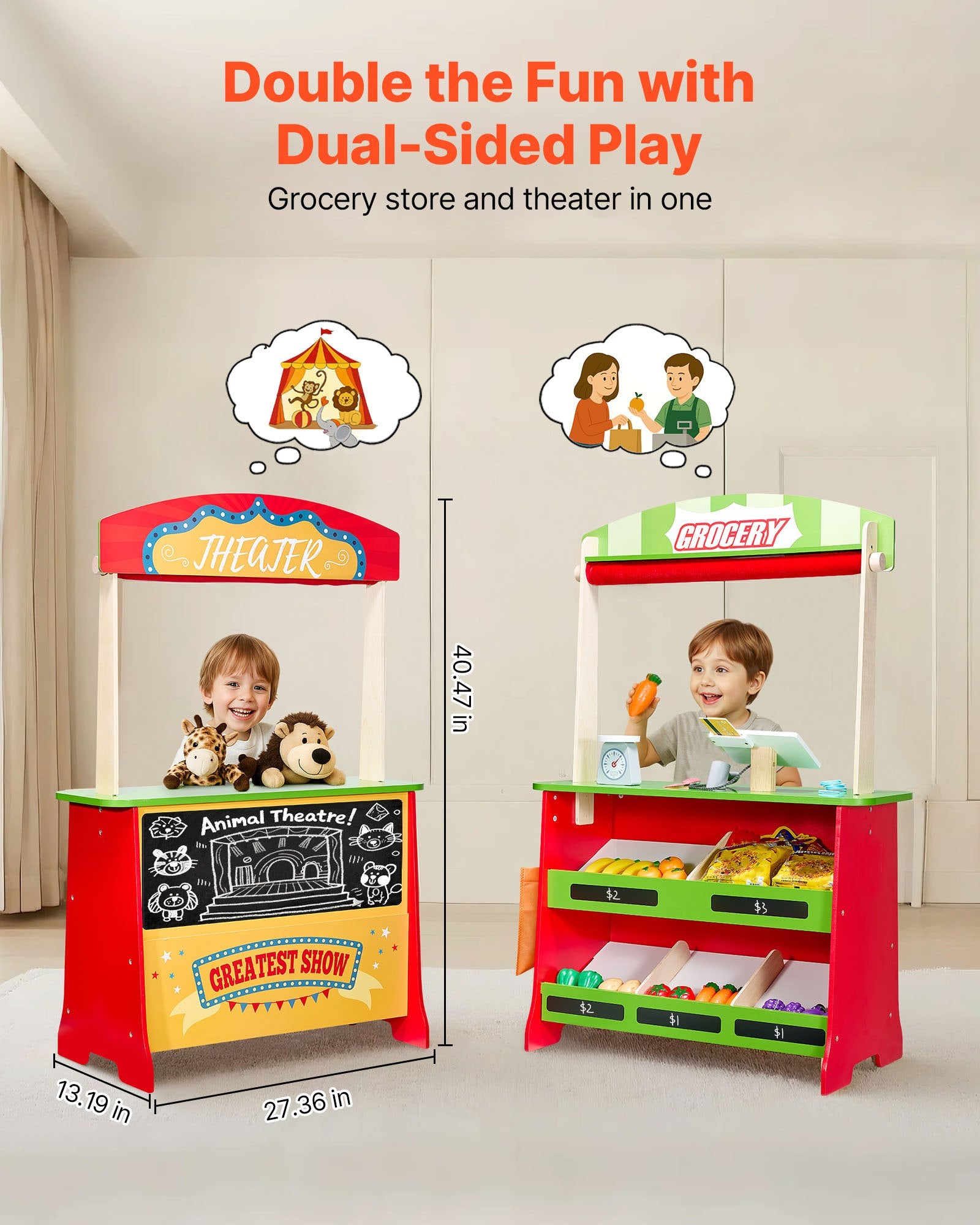 Reversible wooden puppet theater and play store stand for kids, featuring colorful market and puppet stage design by I YAN.